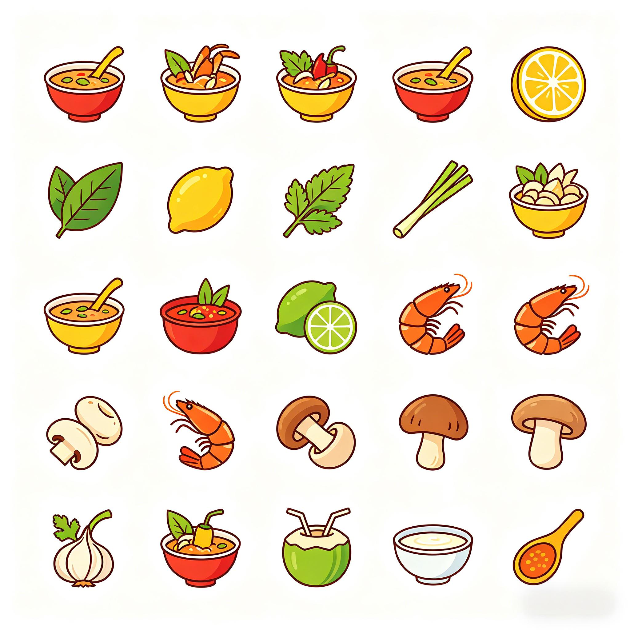 东南亚料理食材与汤品图标套装
