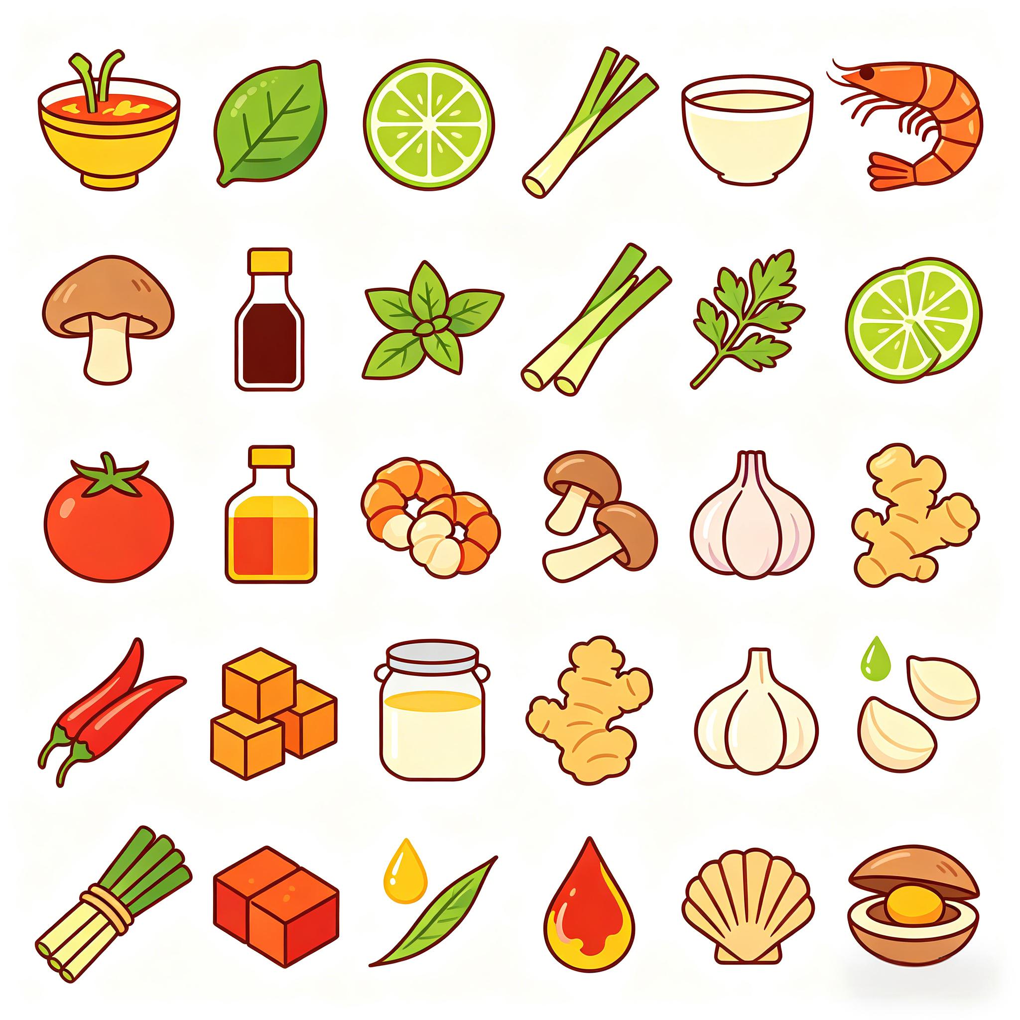 亚洲料理食材与调料图标套装