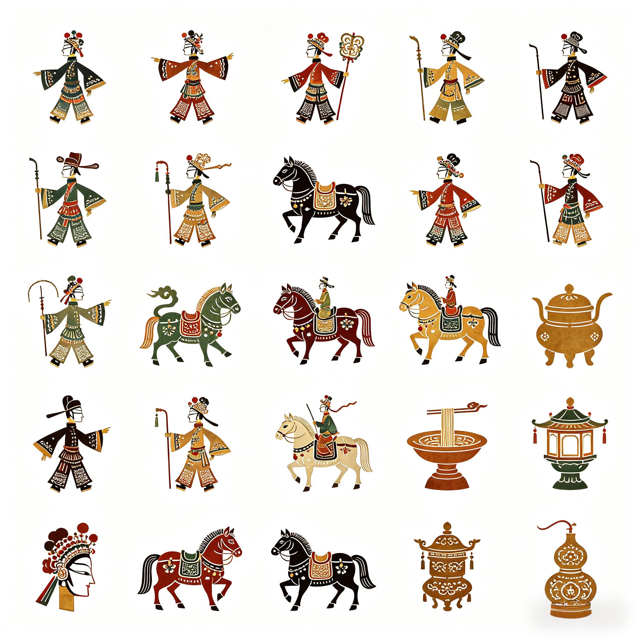 传统皮影戏国风人物与器物图标套装