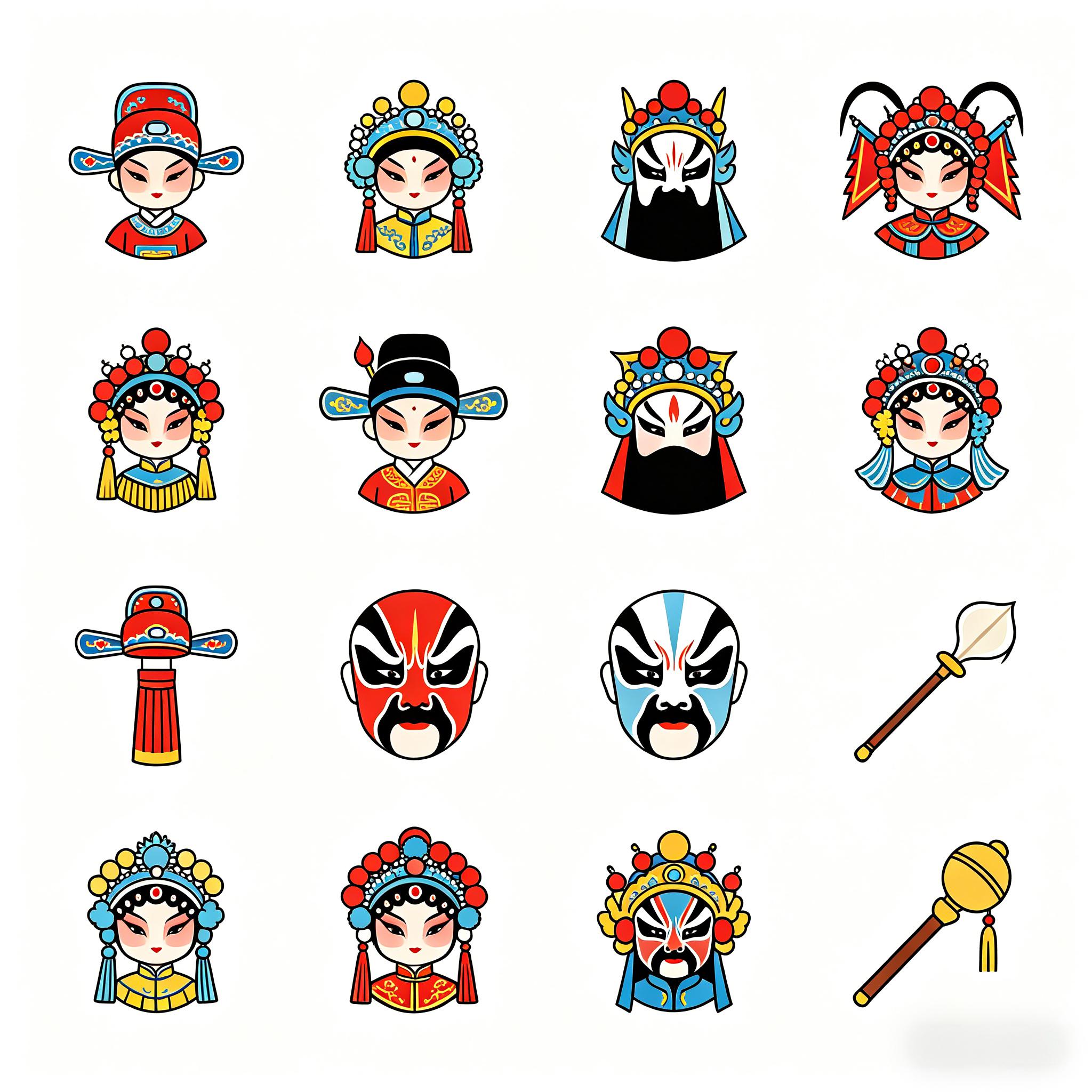 卡通国风京剧脸谱与角色图标套装
