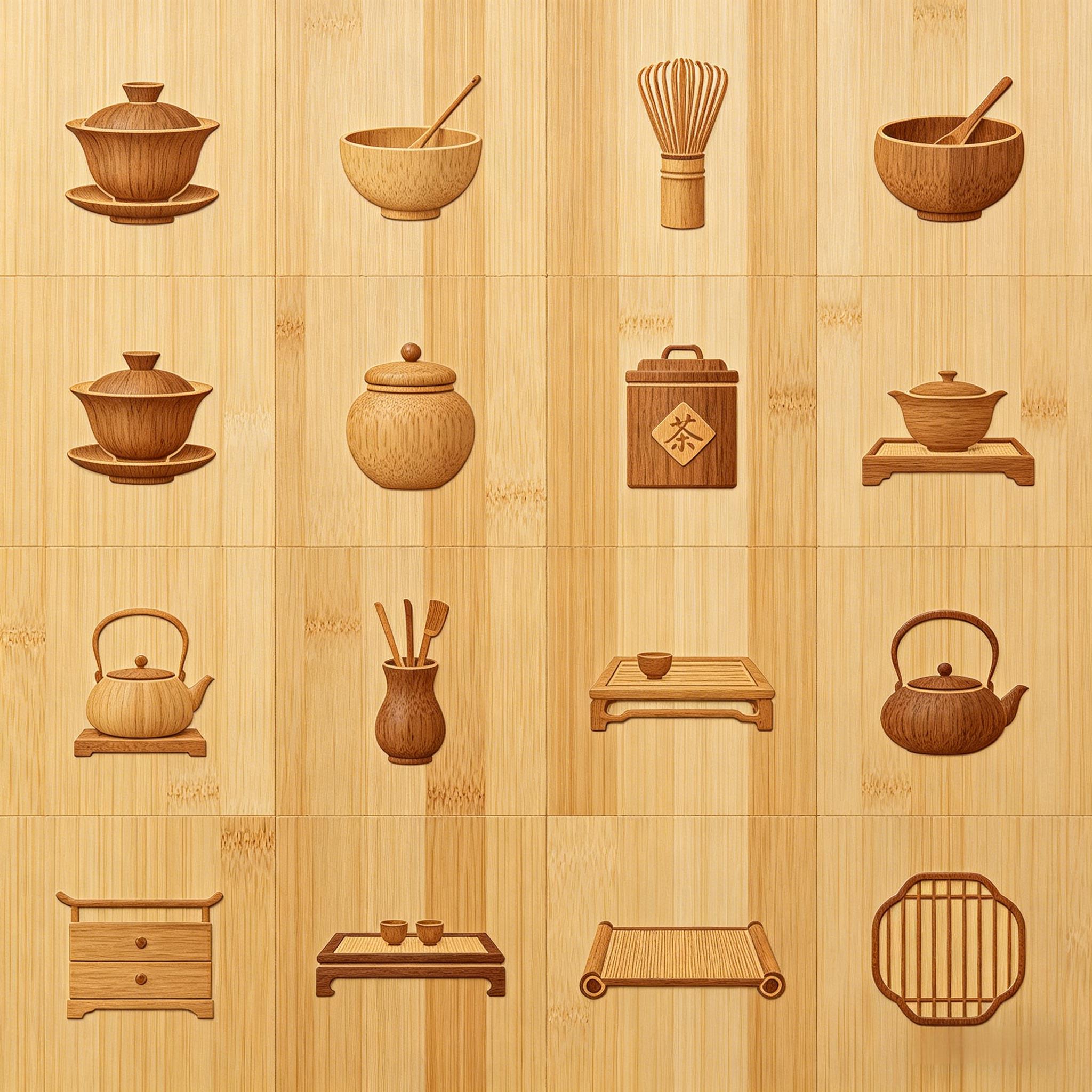 原木风中式传统茶道器具图标套装