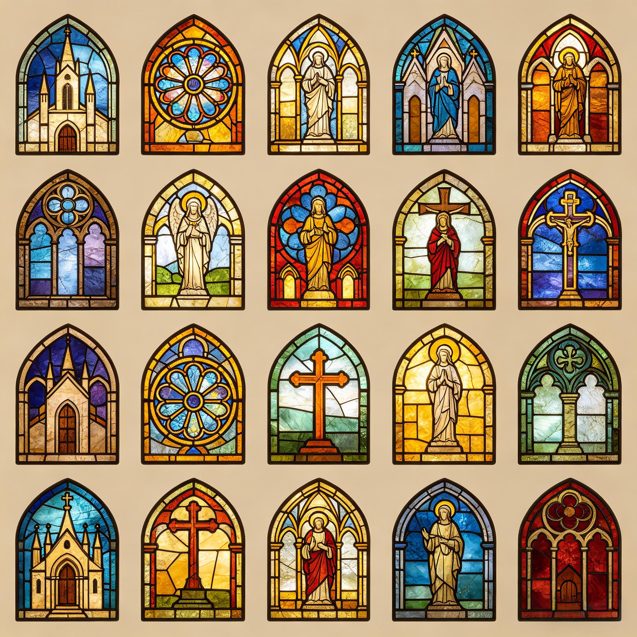 哥特式教堂彩色玻璃花窗图标套装