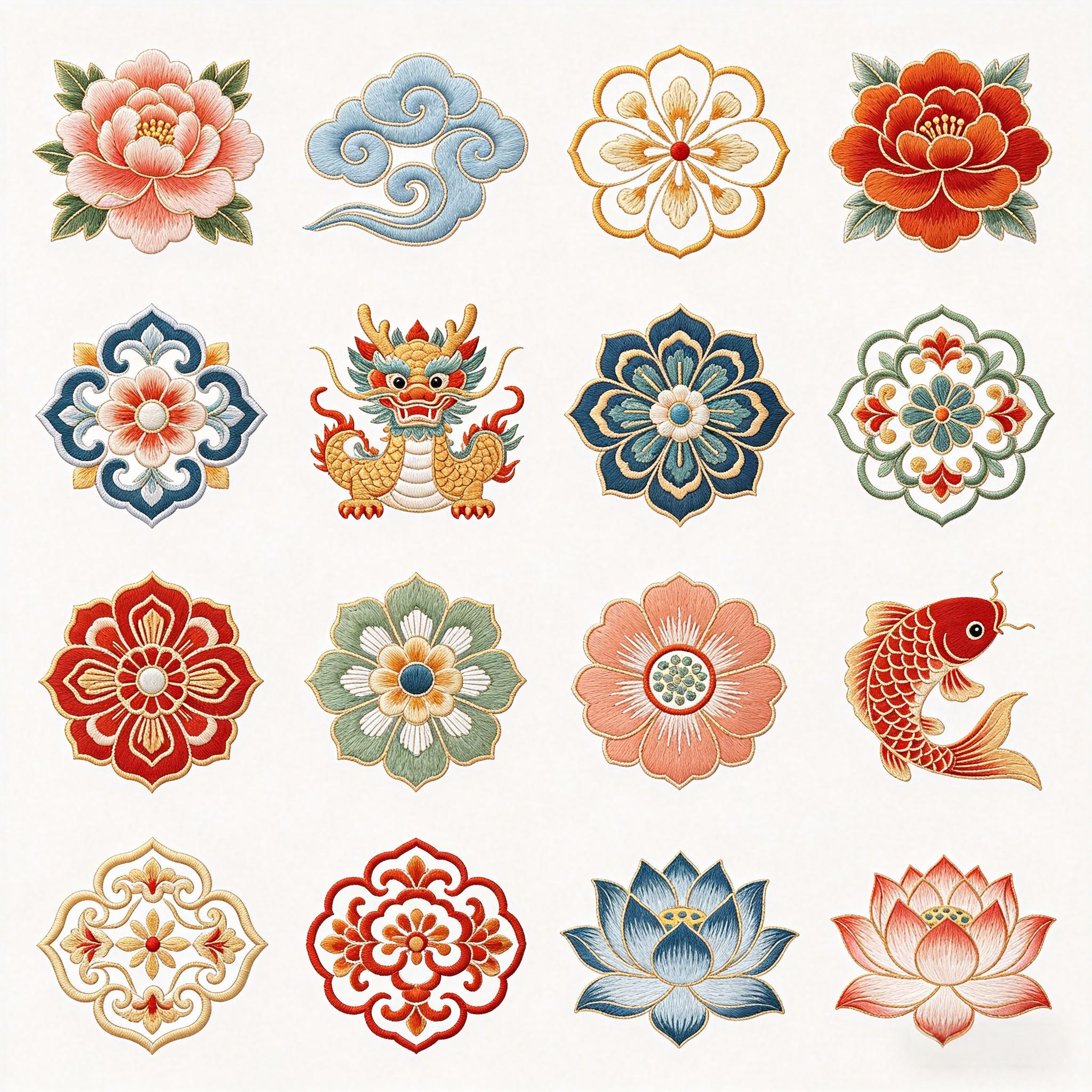 国风传统刺绣纹样图标套装