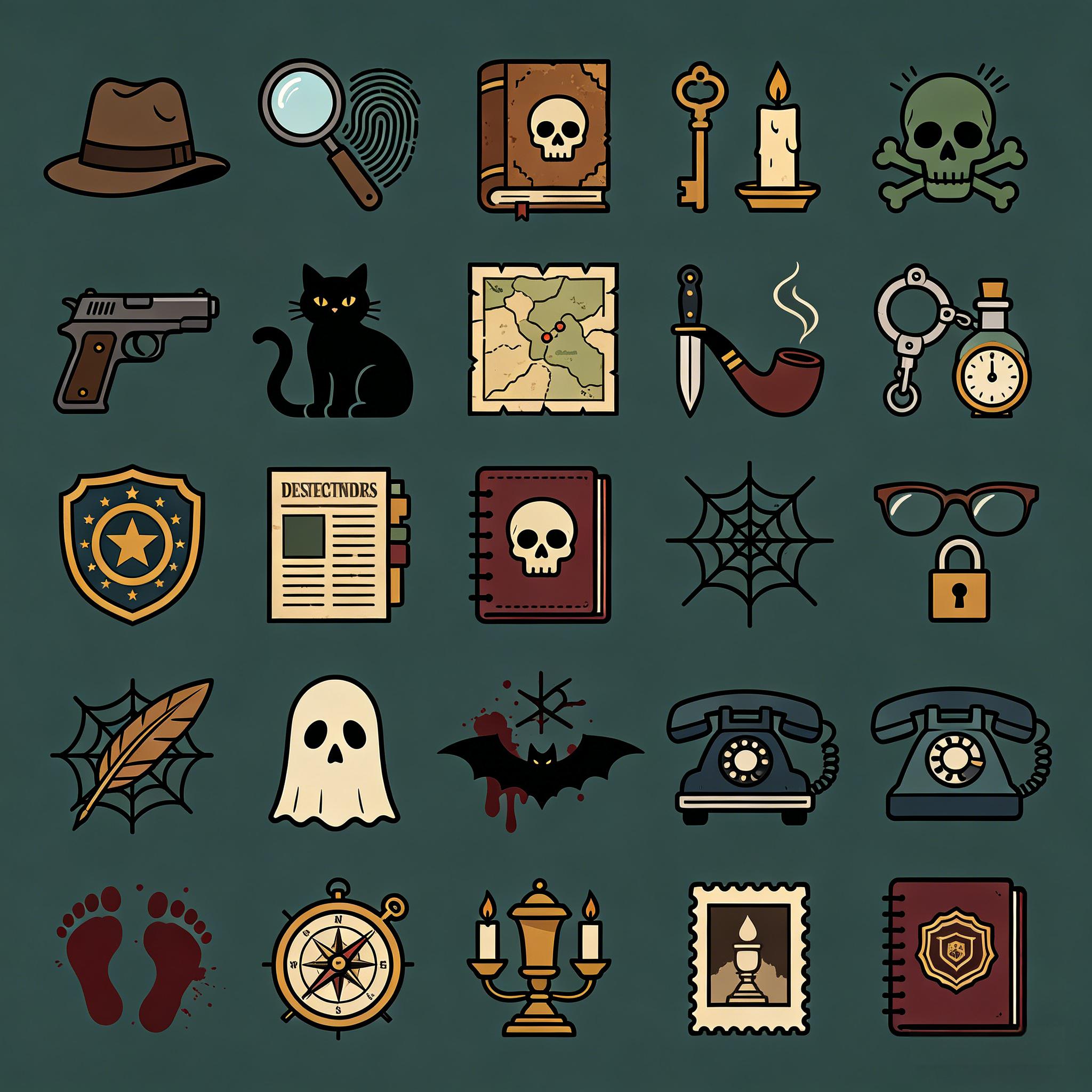 复古侦探悬疑风推理探案图标套装