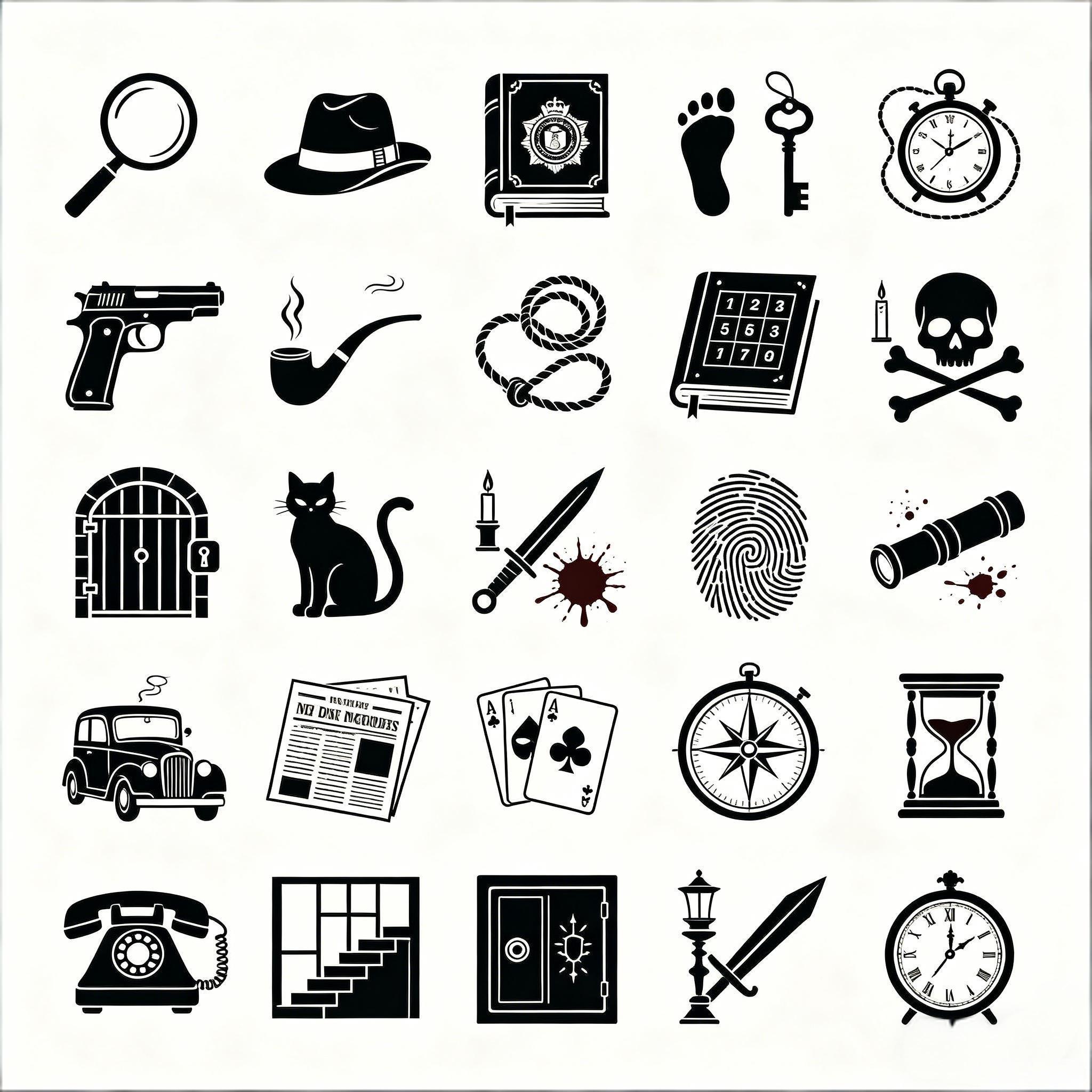 复古侦探悬疑风黑色剪影图标套装