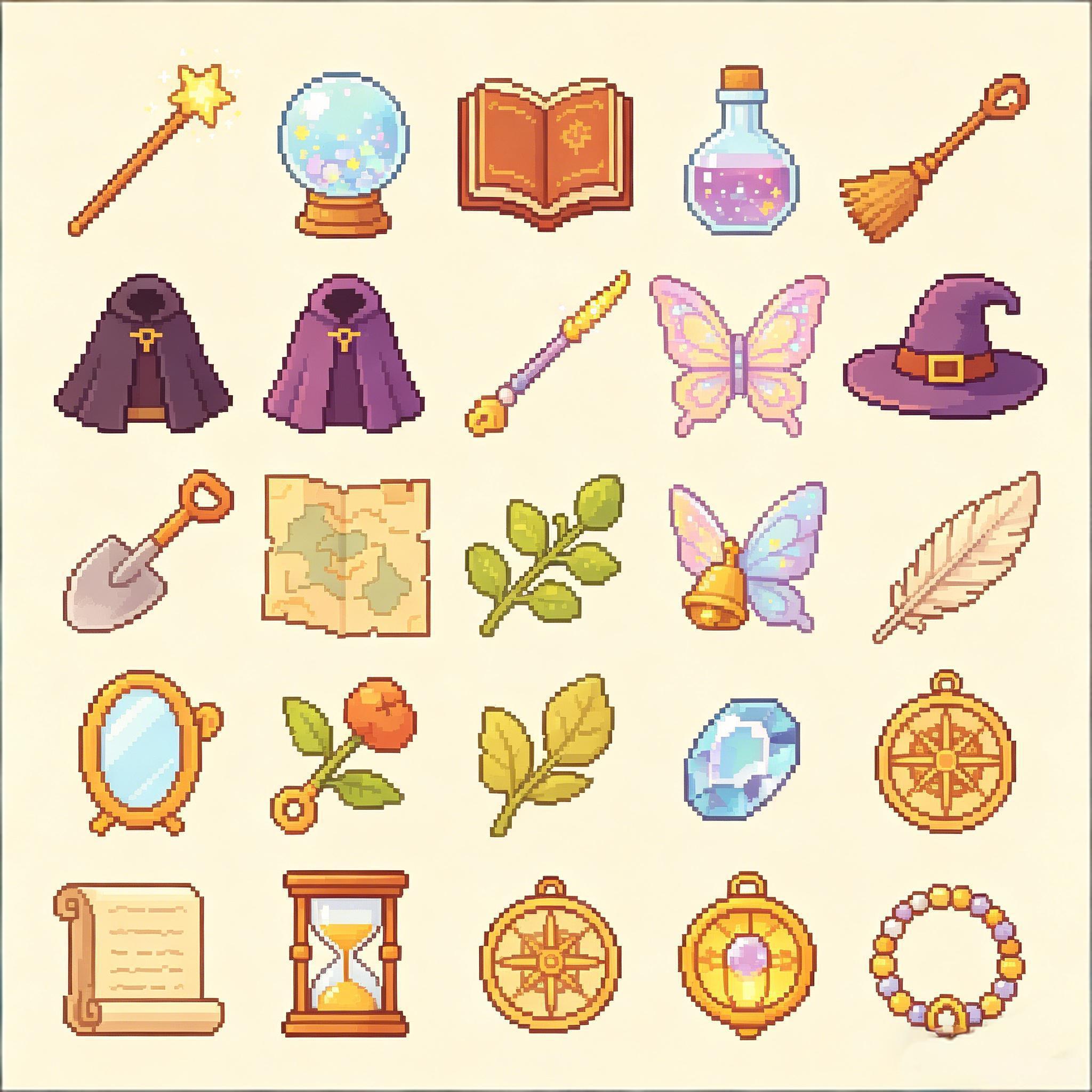 复古像素风魔法冒险道具图标套装
