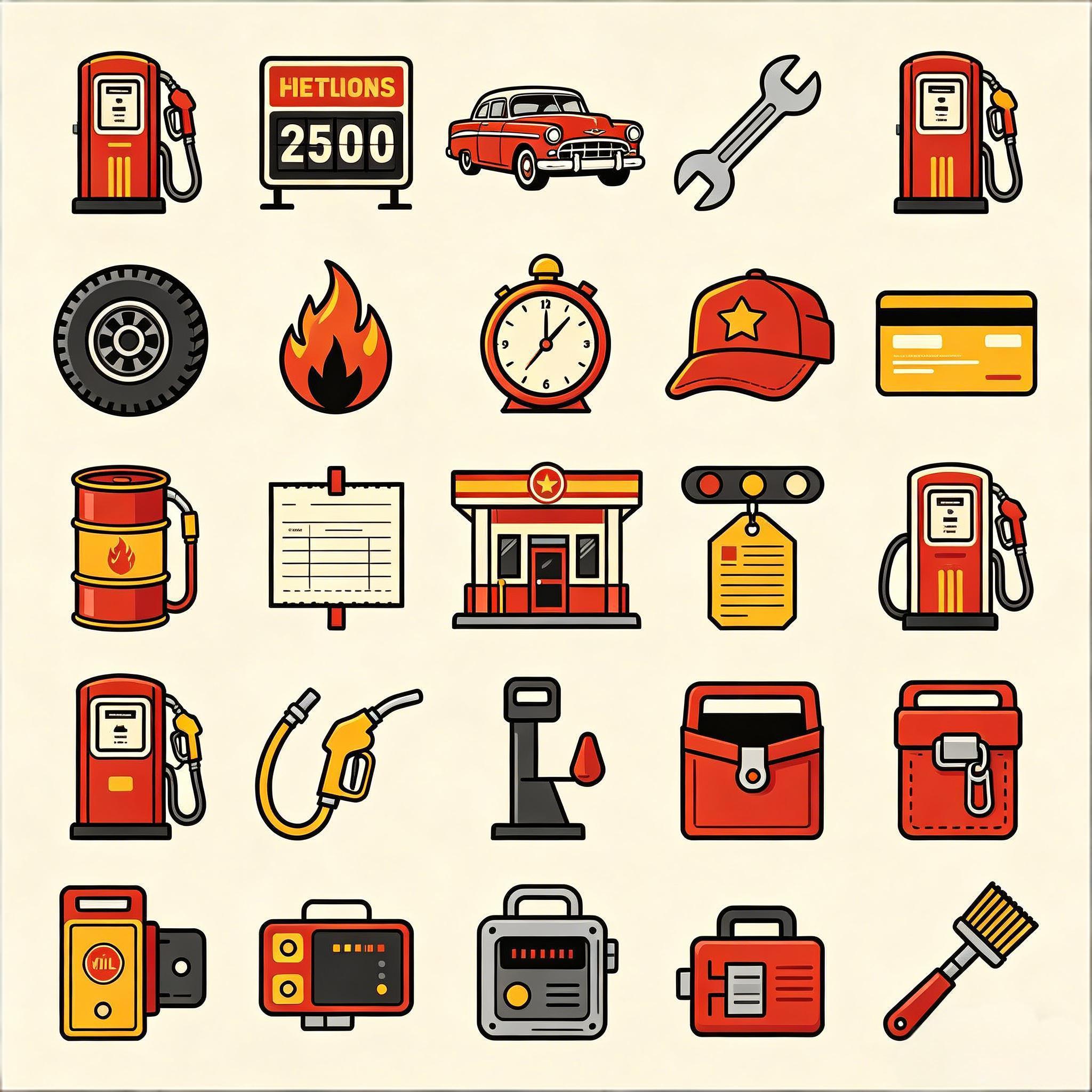 复古加油站与汽修主题图标套装
