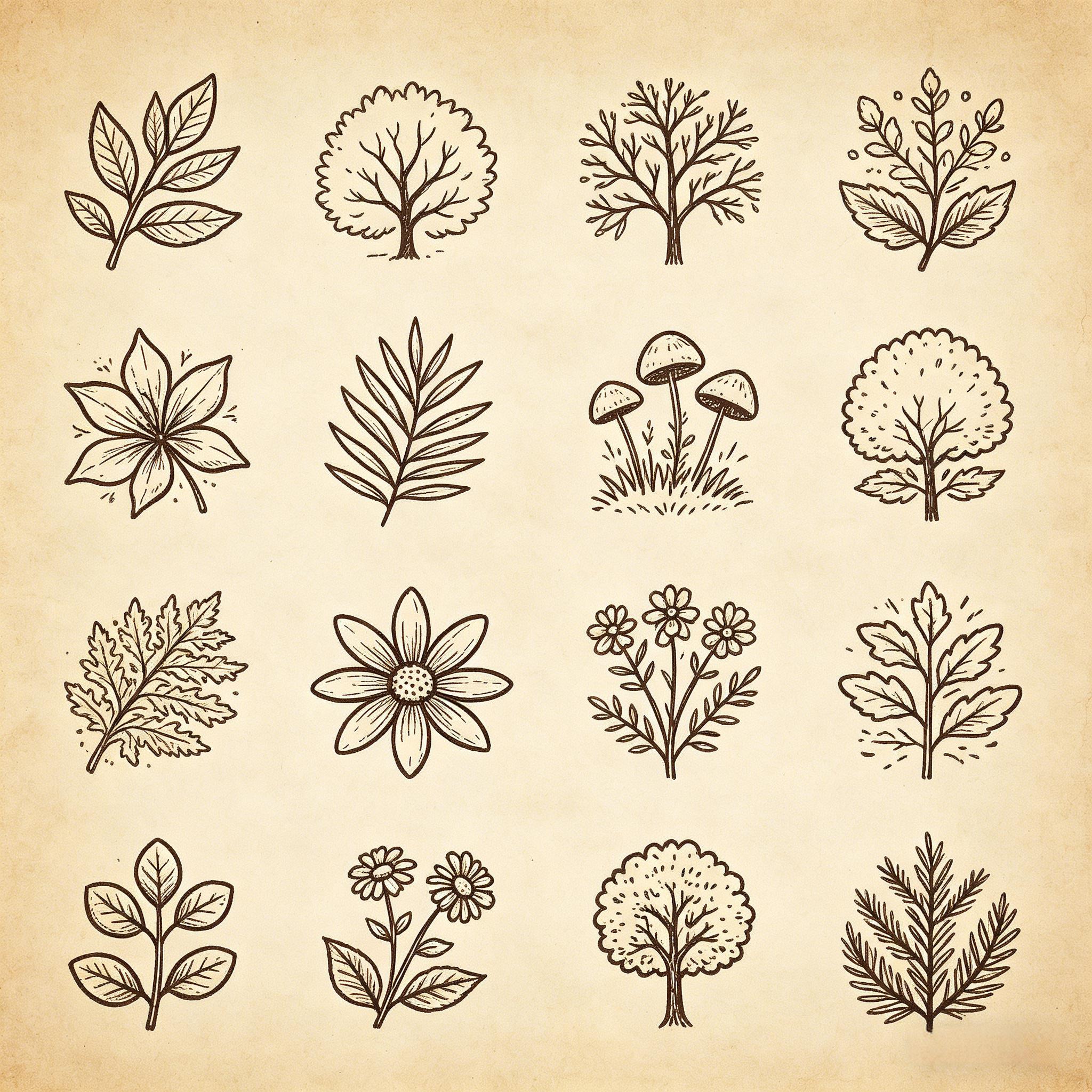 复古手绘植物线稿图标套装