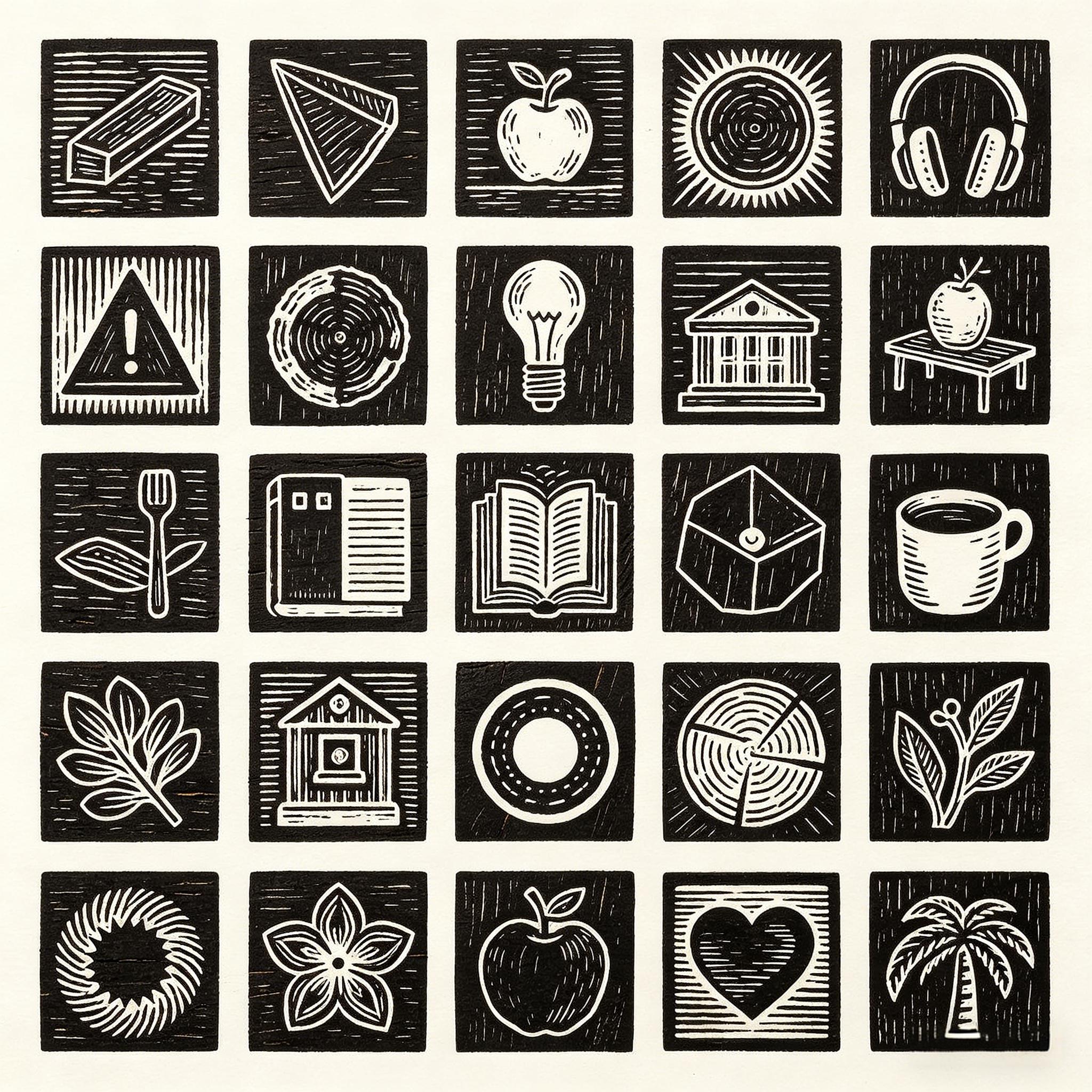复古版画风生活元素图标套装