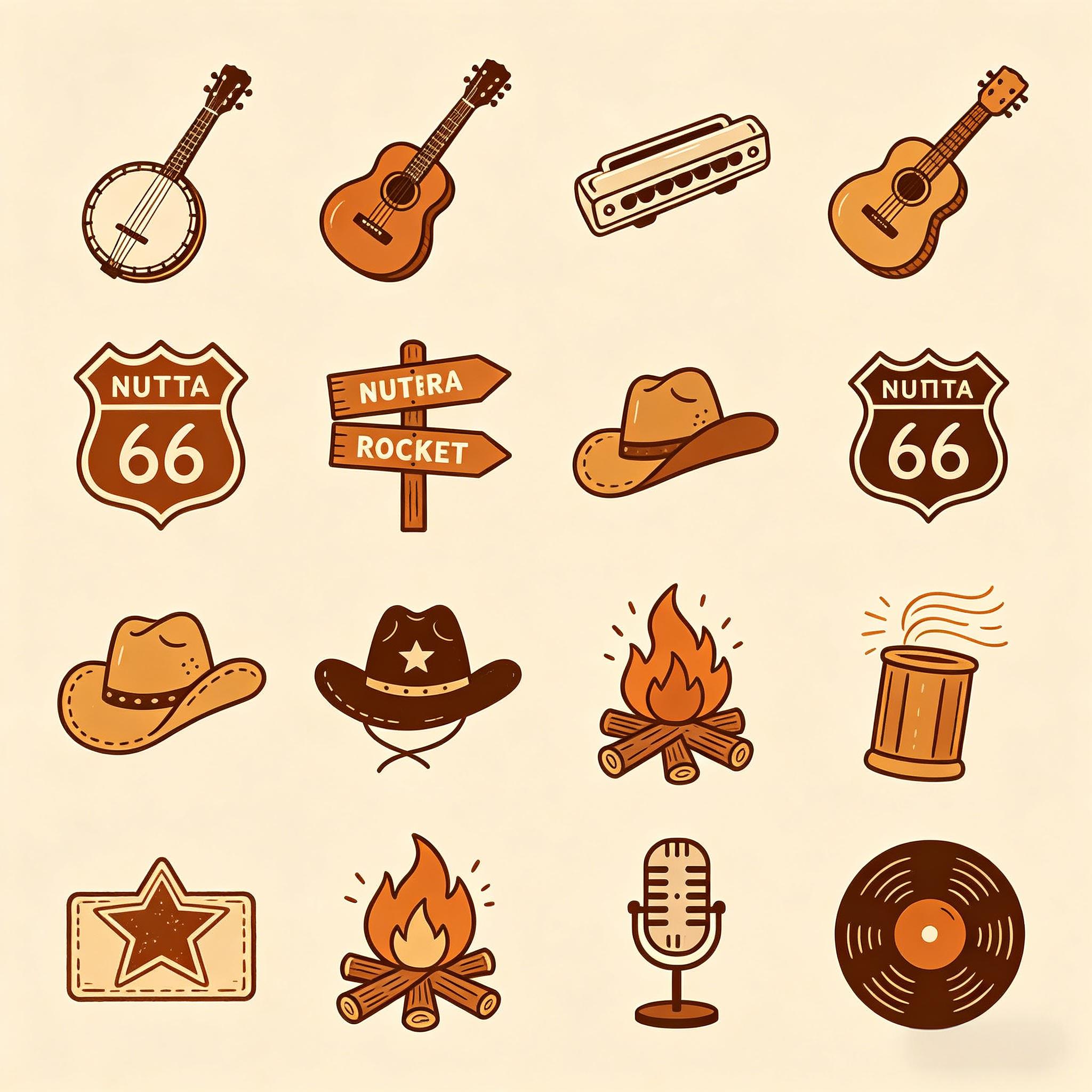 复古美式乡村西部音乐图标套装