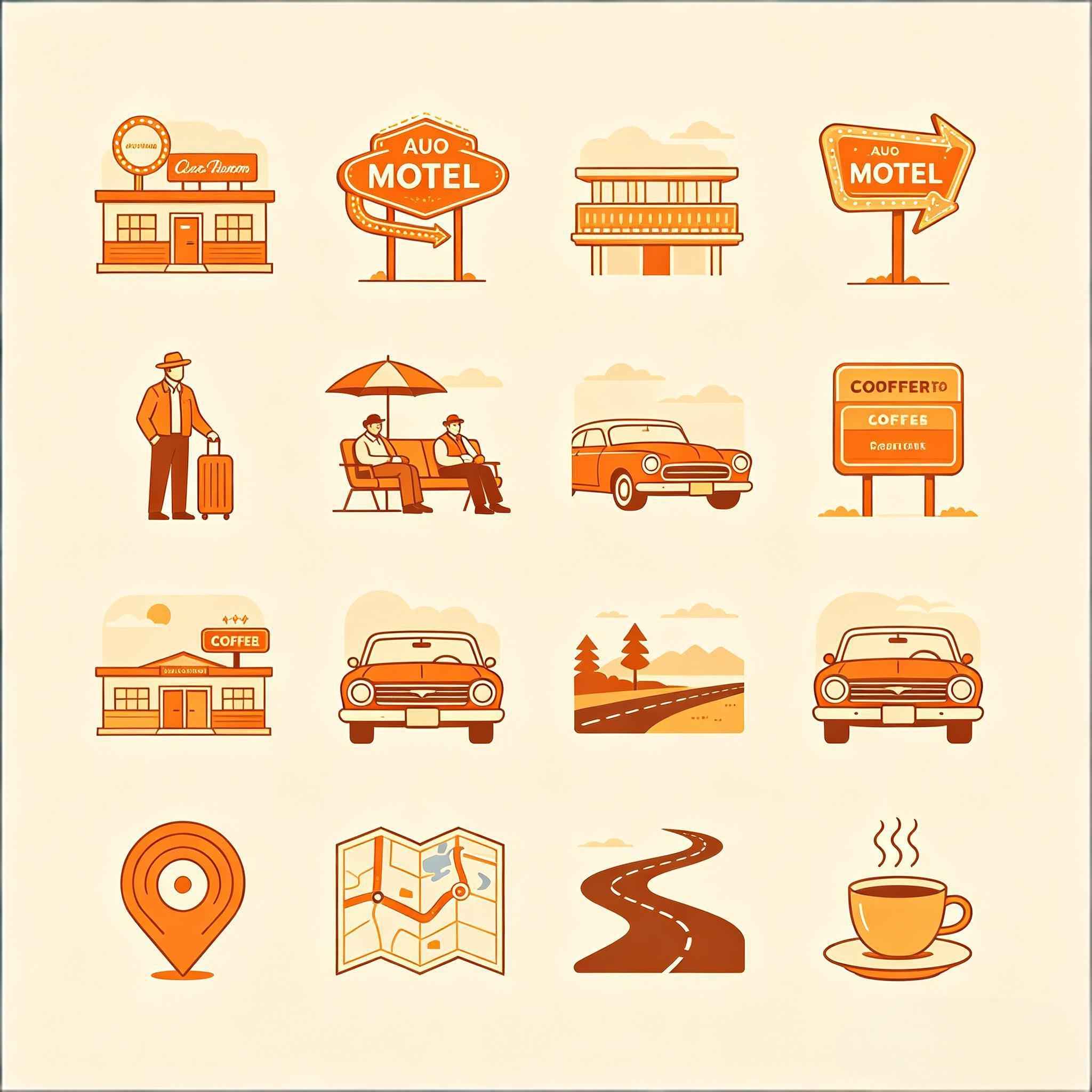 复古美式公路旅行与汽车旅馆图标套装