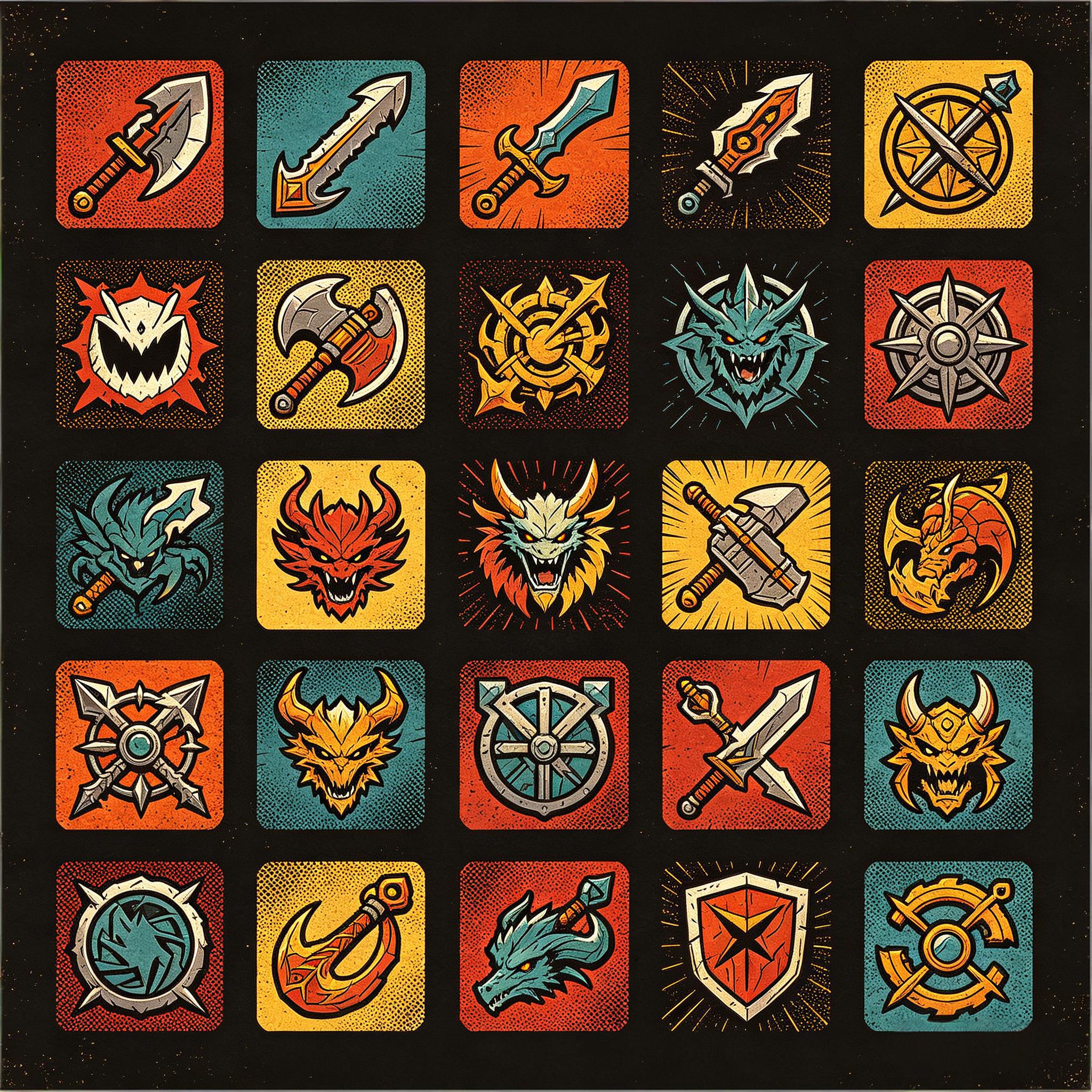 复古美式漫画风奇幻武器与纹章图标套装