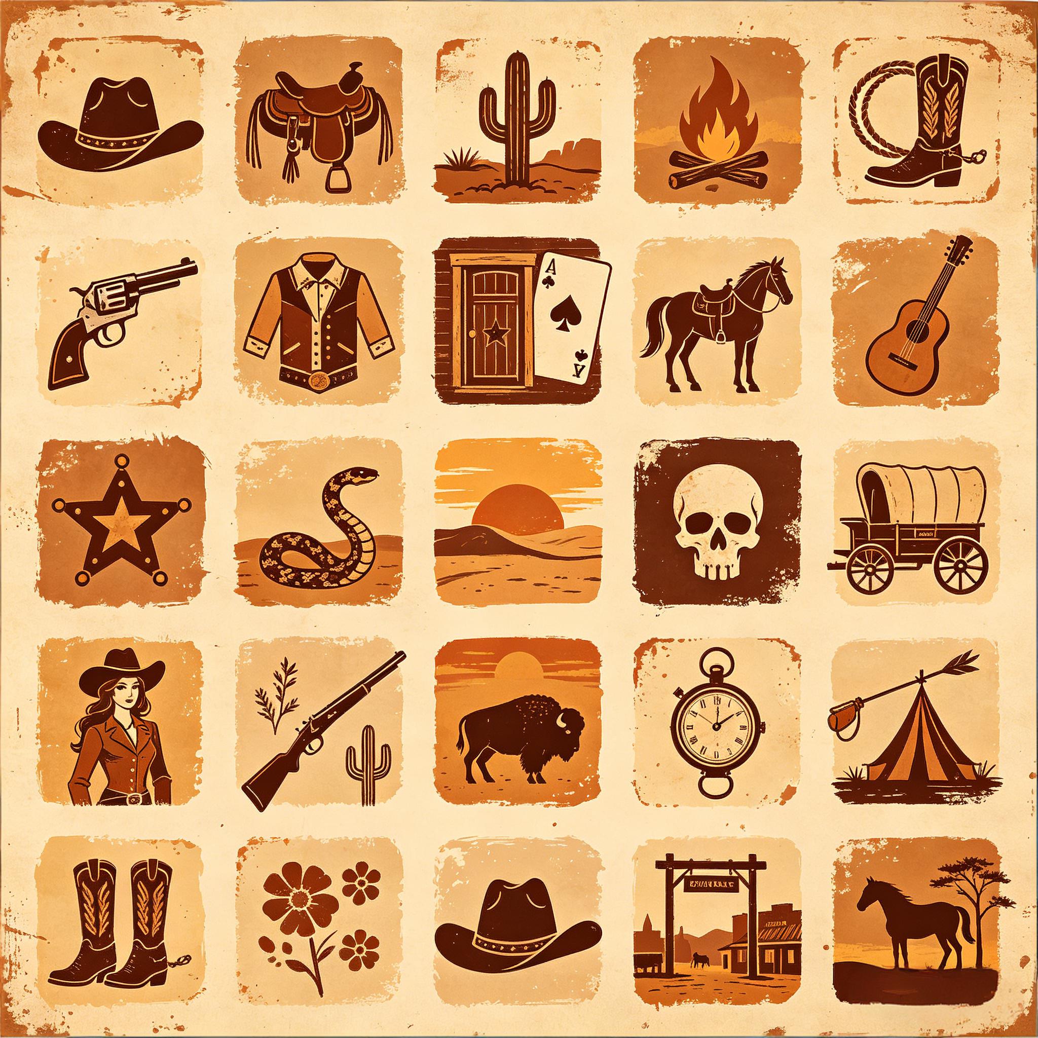 复古美式西部牛仔做旧风格图标套装