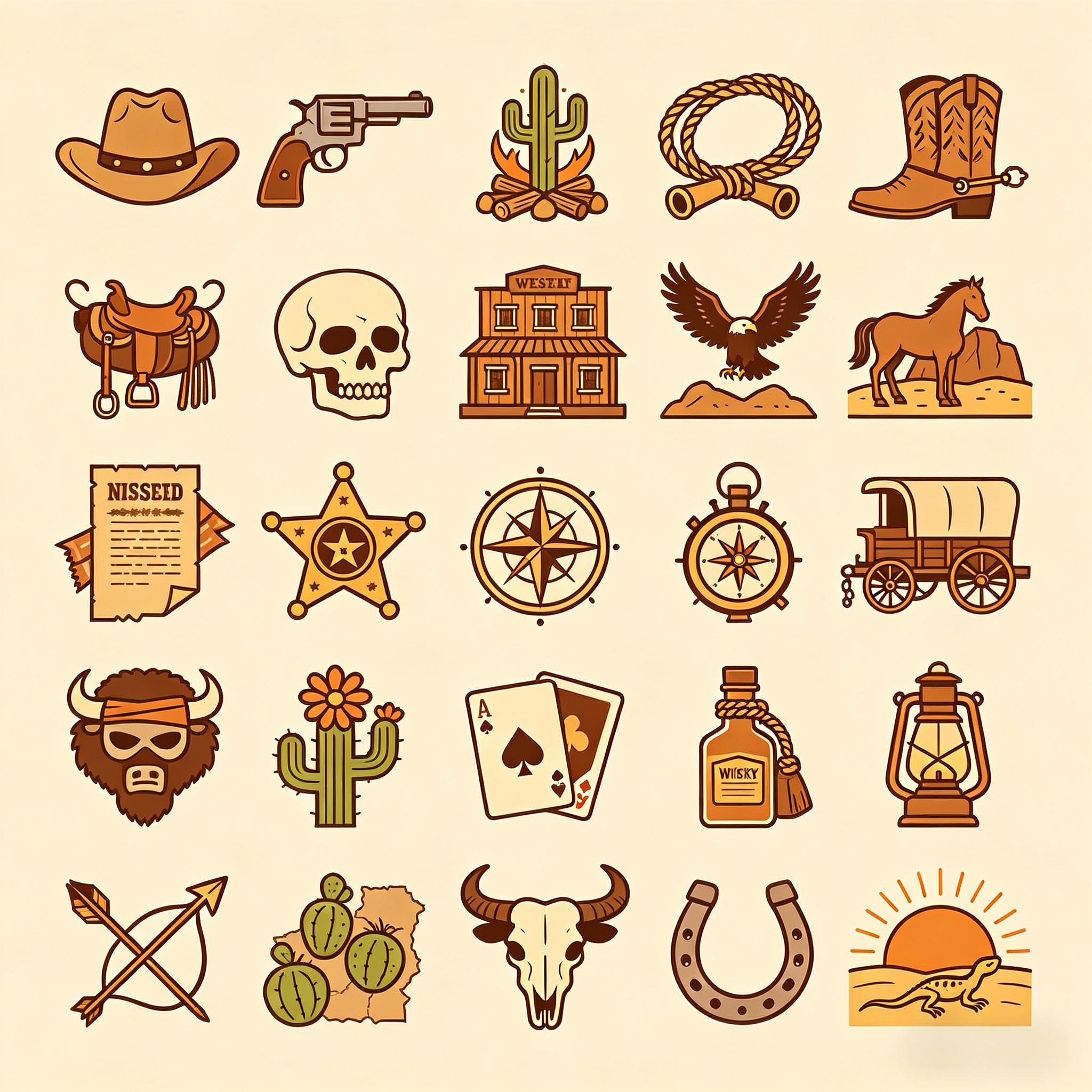复古美式西部牛仔风格图标套装