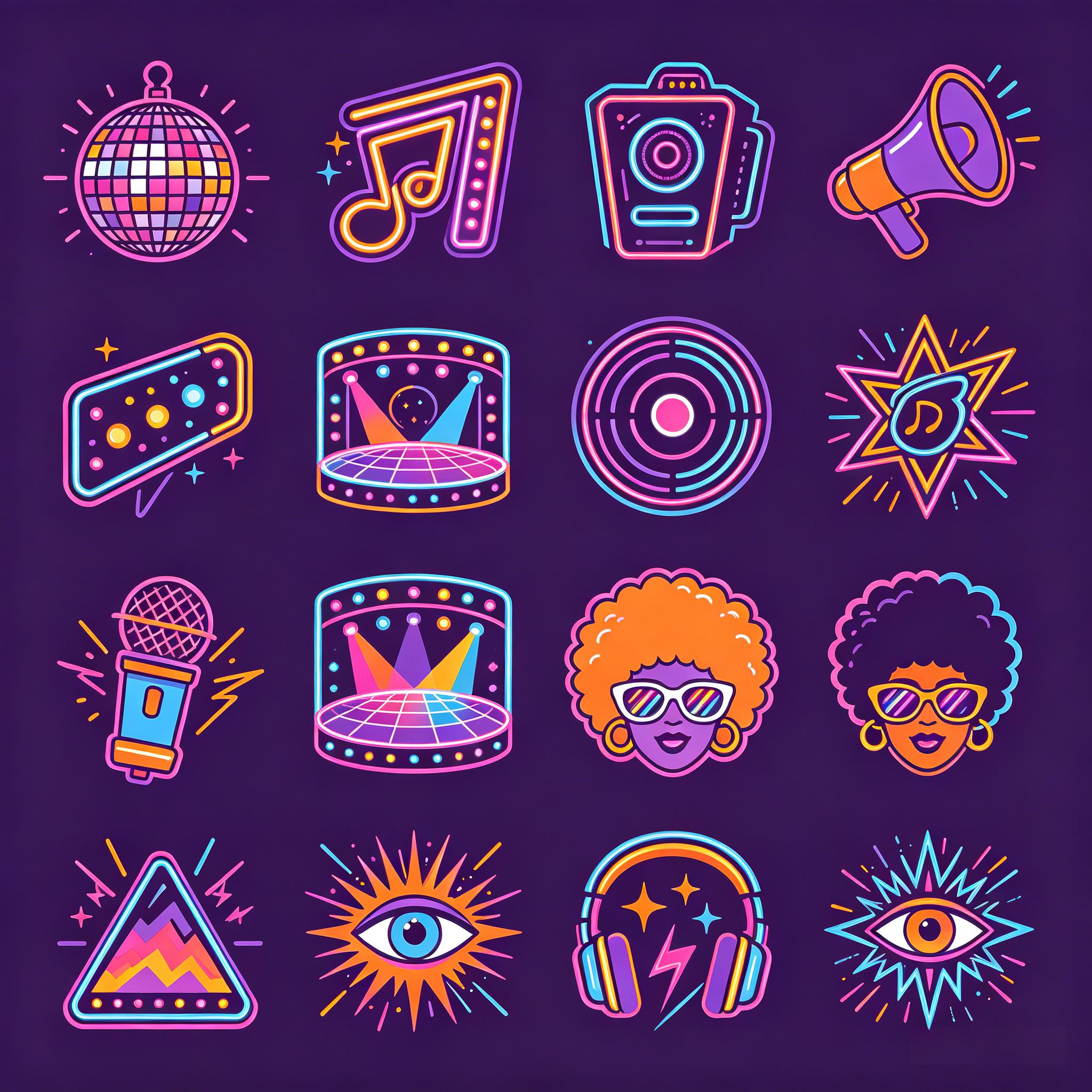 复古迪斯科霓虹风音乐派对图标套装