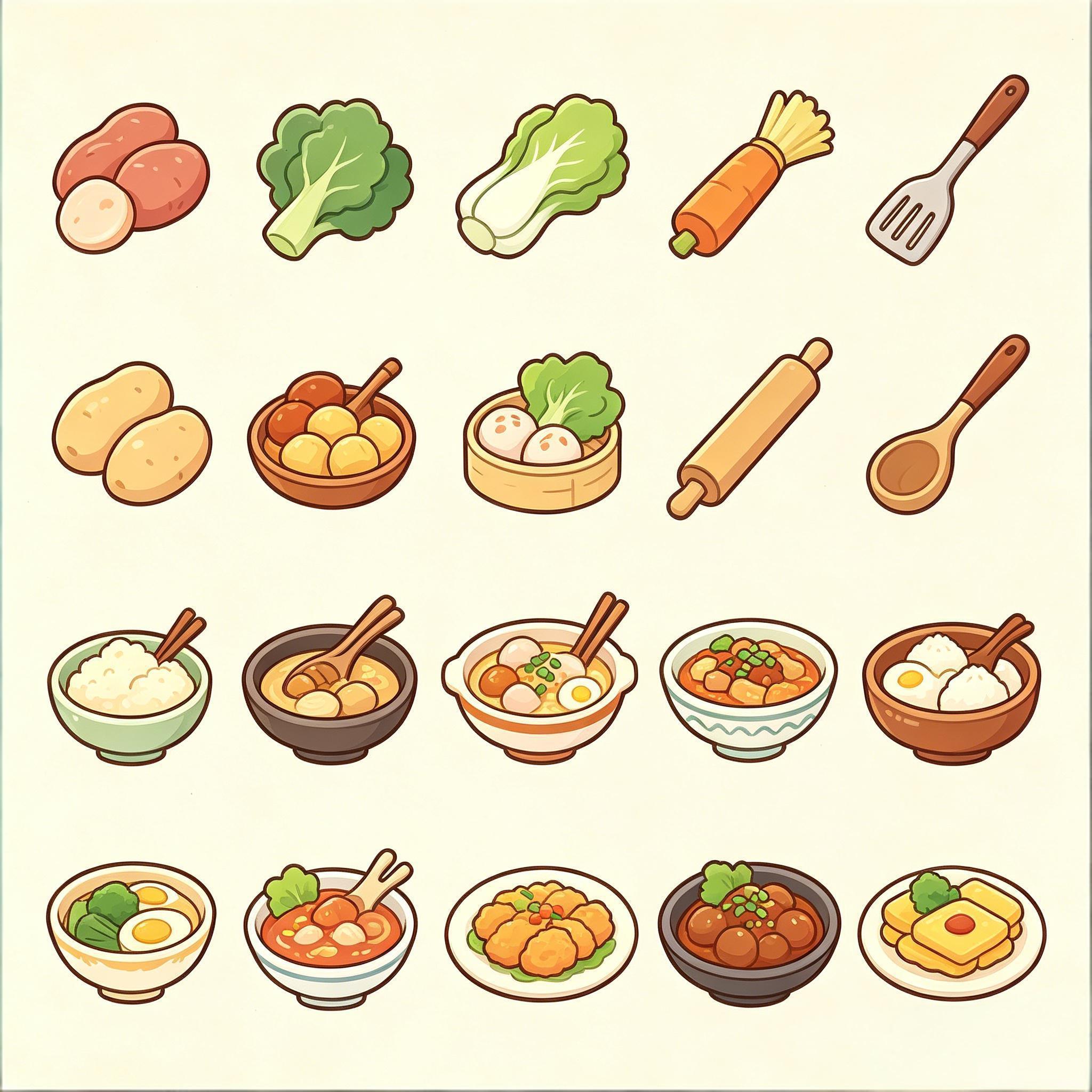 家常中餐食材与料理图标套装