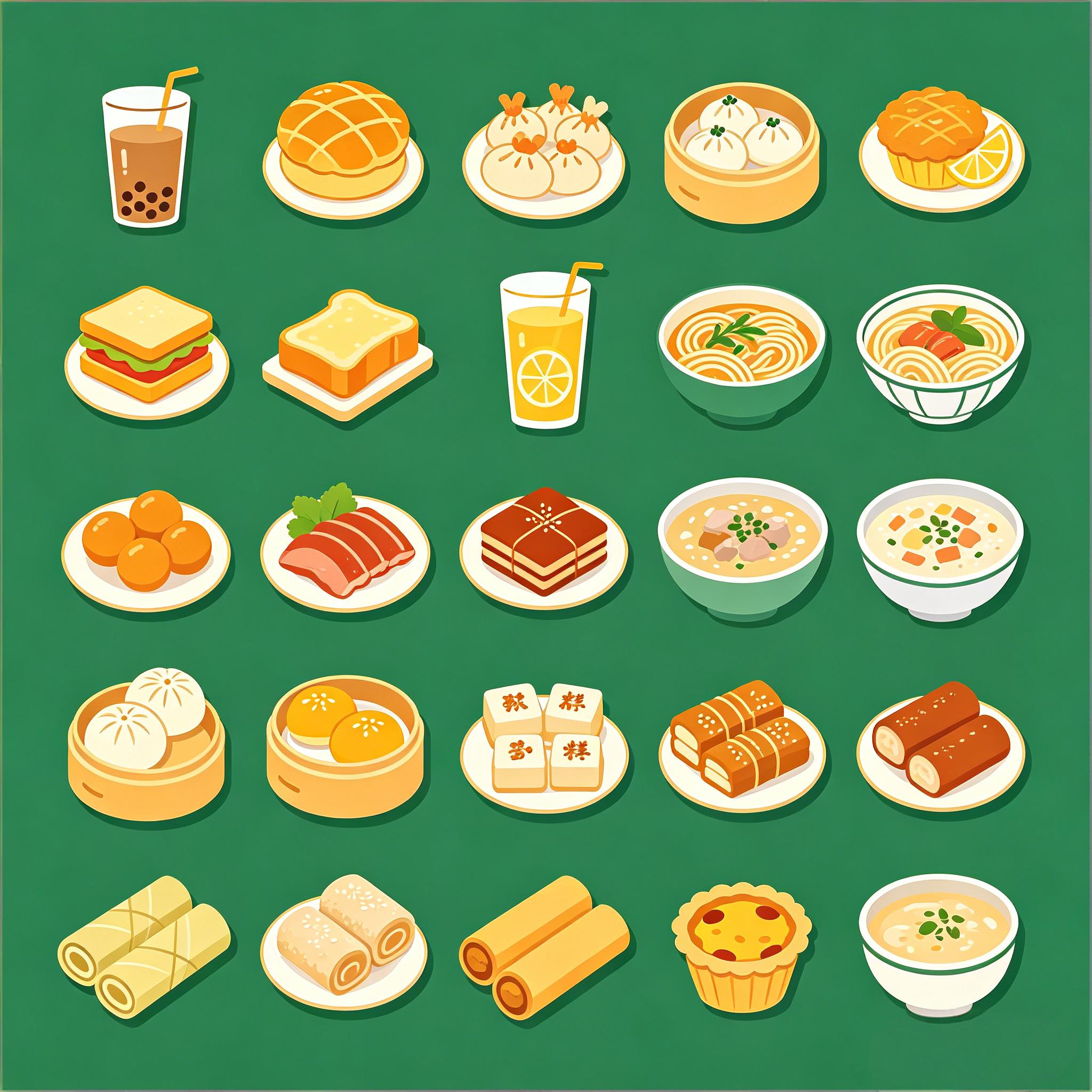 广式早茶美食扁平图标套装