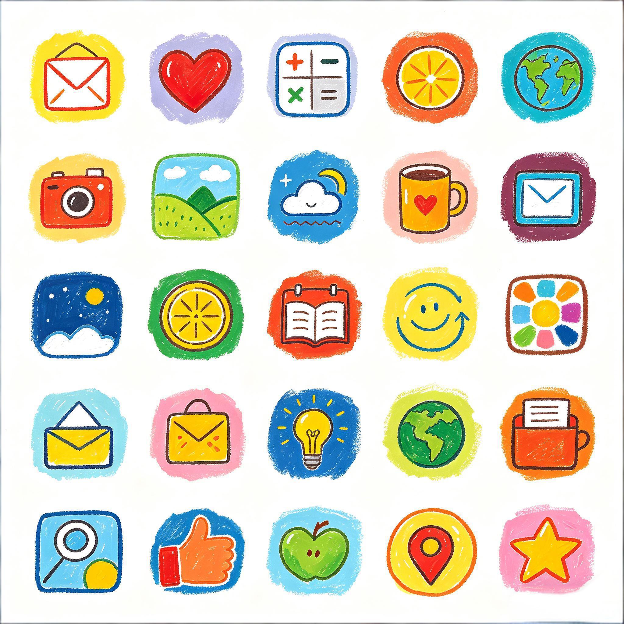 手绘蜡笔风通用图标套装