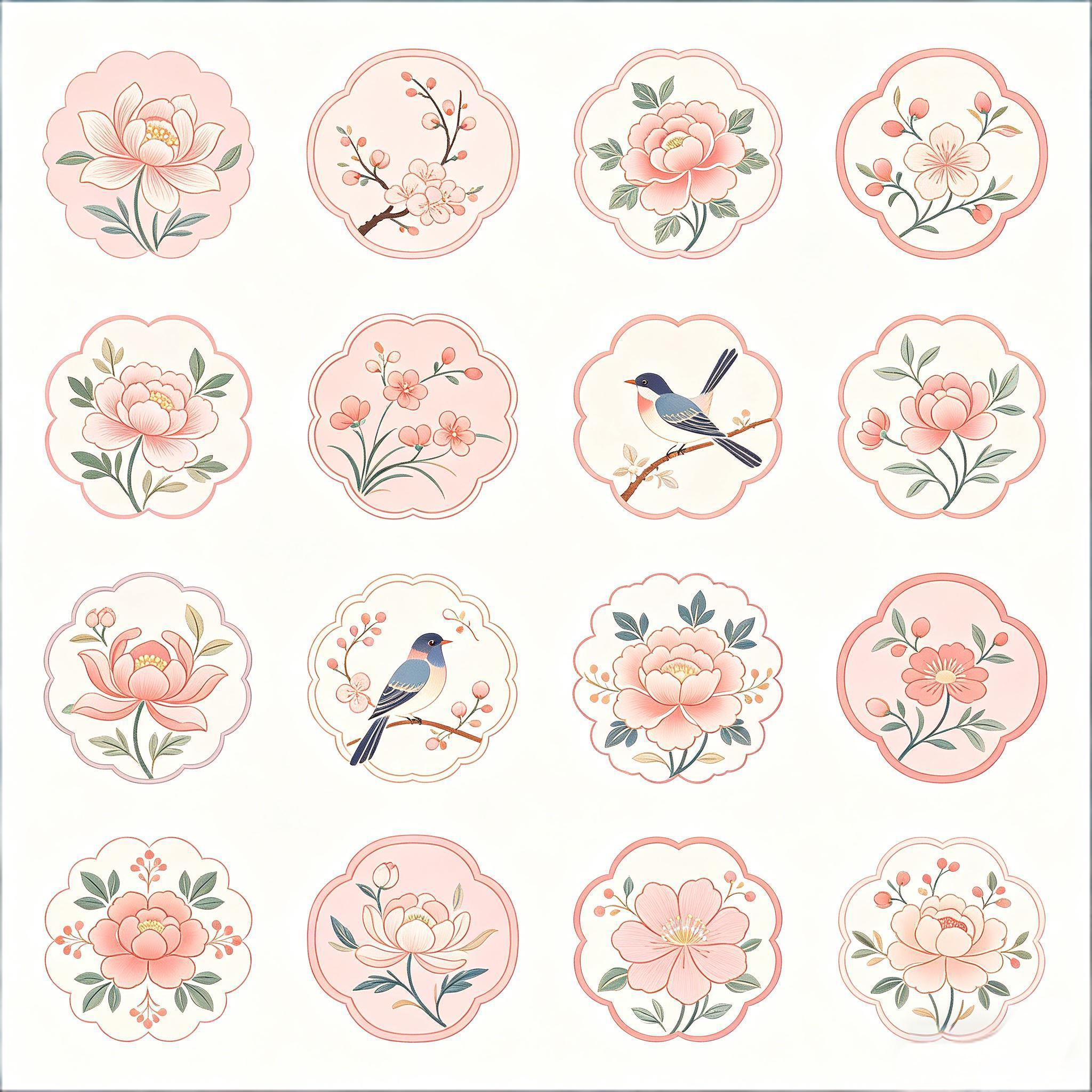 新中式工笔花鸟花卉纹样图标套装