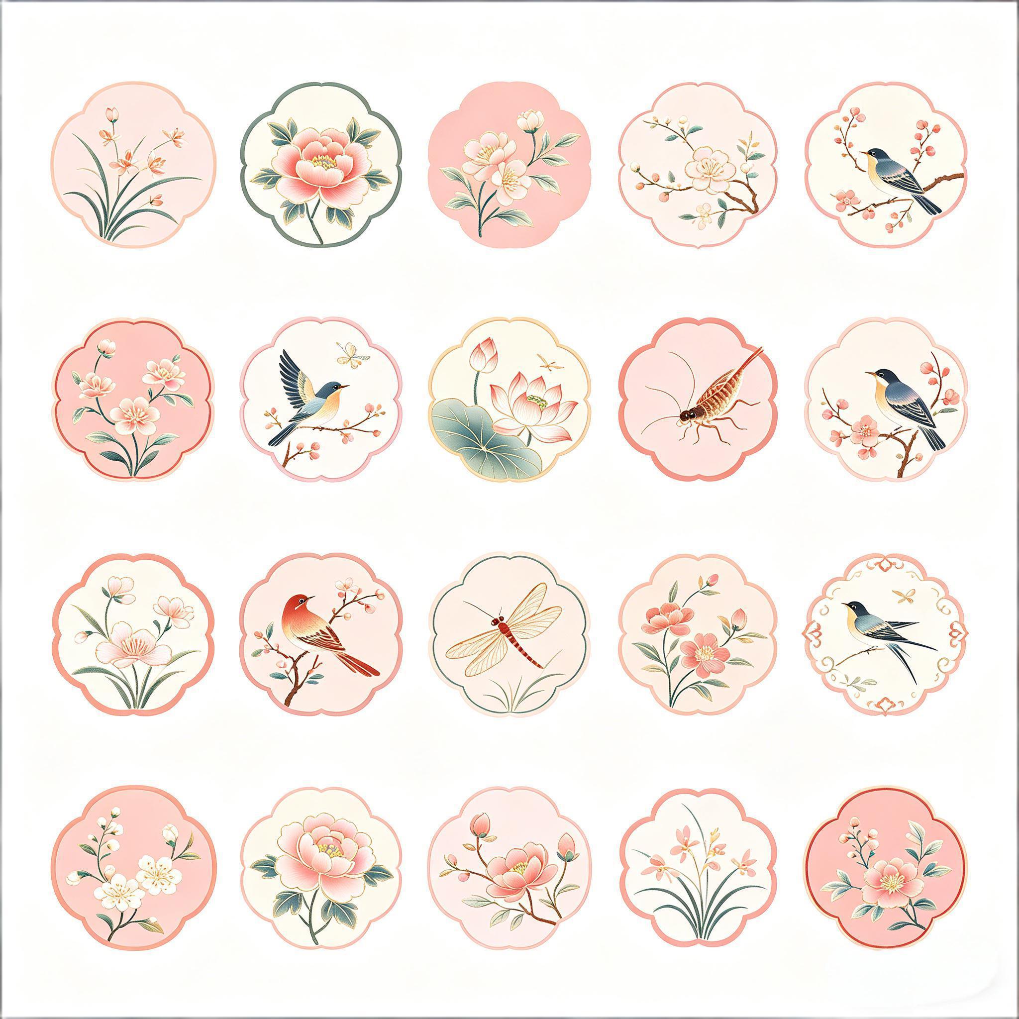 新中式花鸟工笔团花图标套装