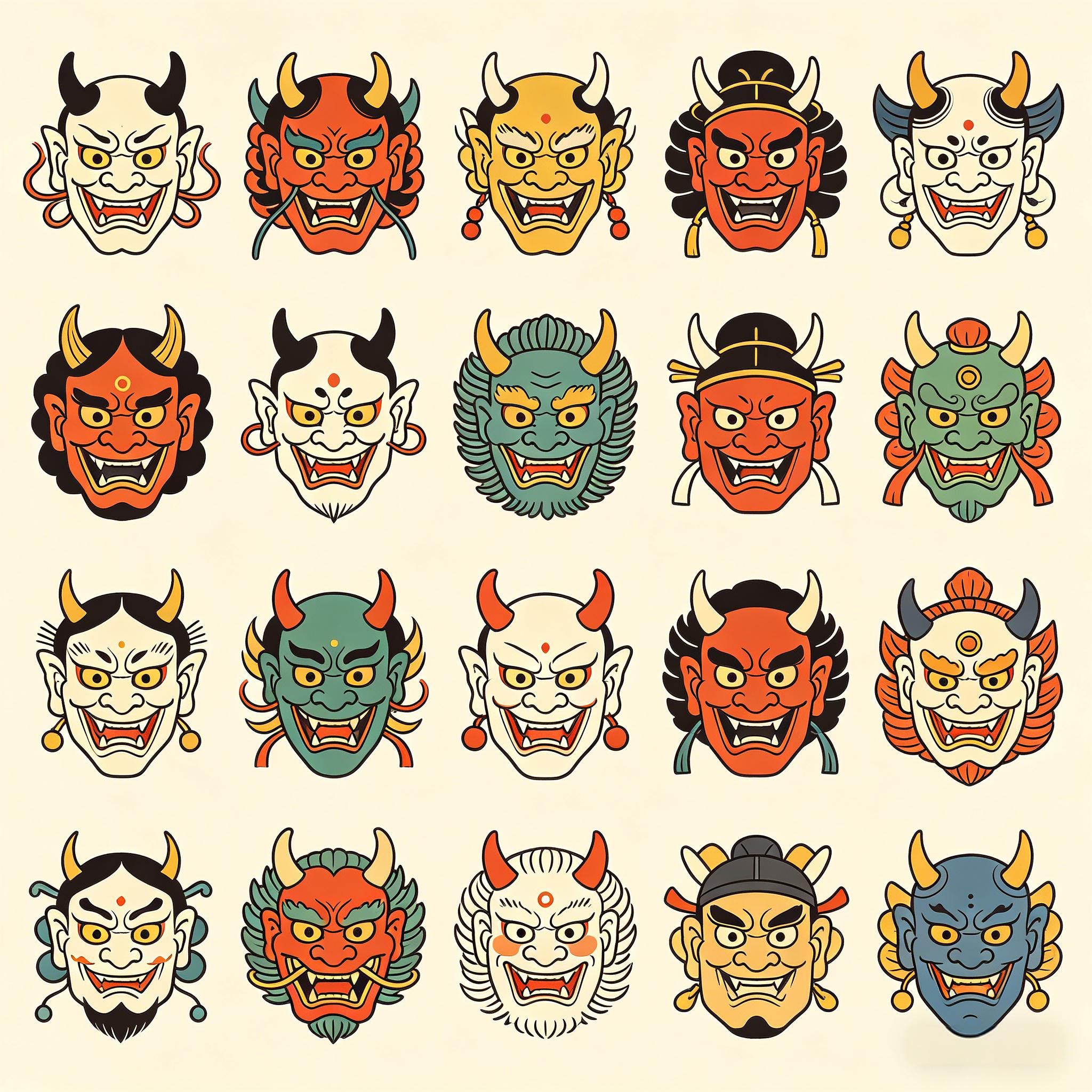 日式传统般若面具复古图标套装