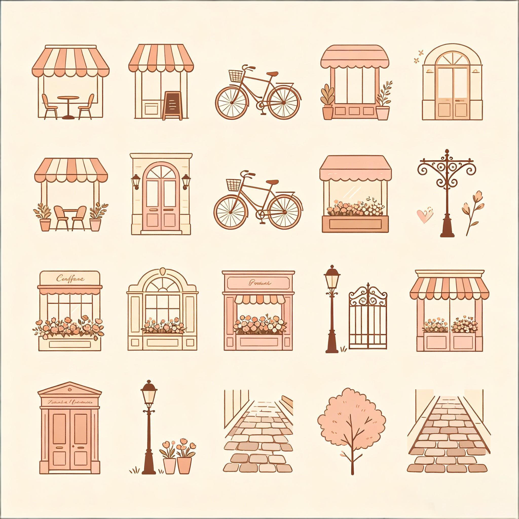 暖棕调法式街景图标集