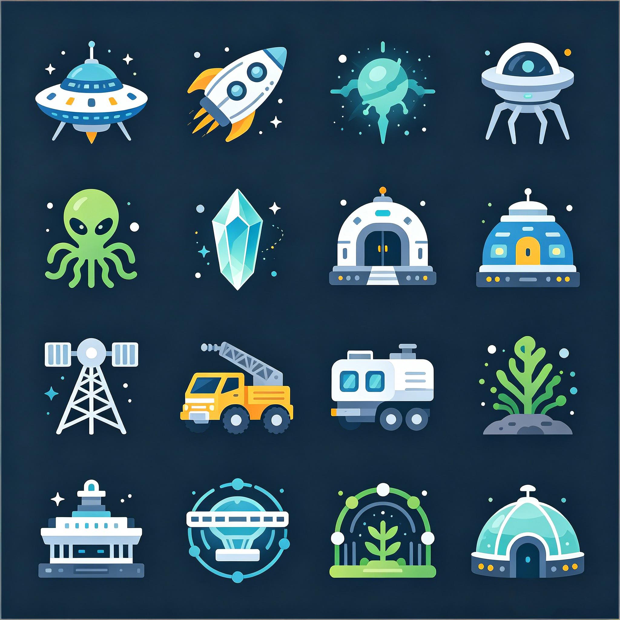 未来科幻太空基地扁平风图标套装