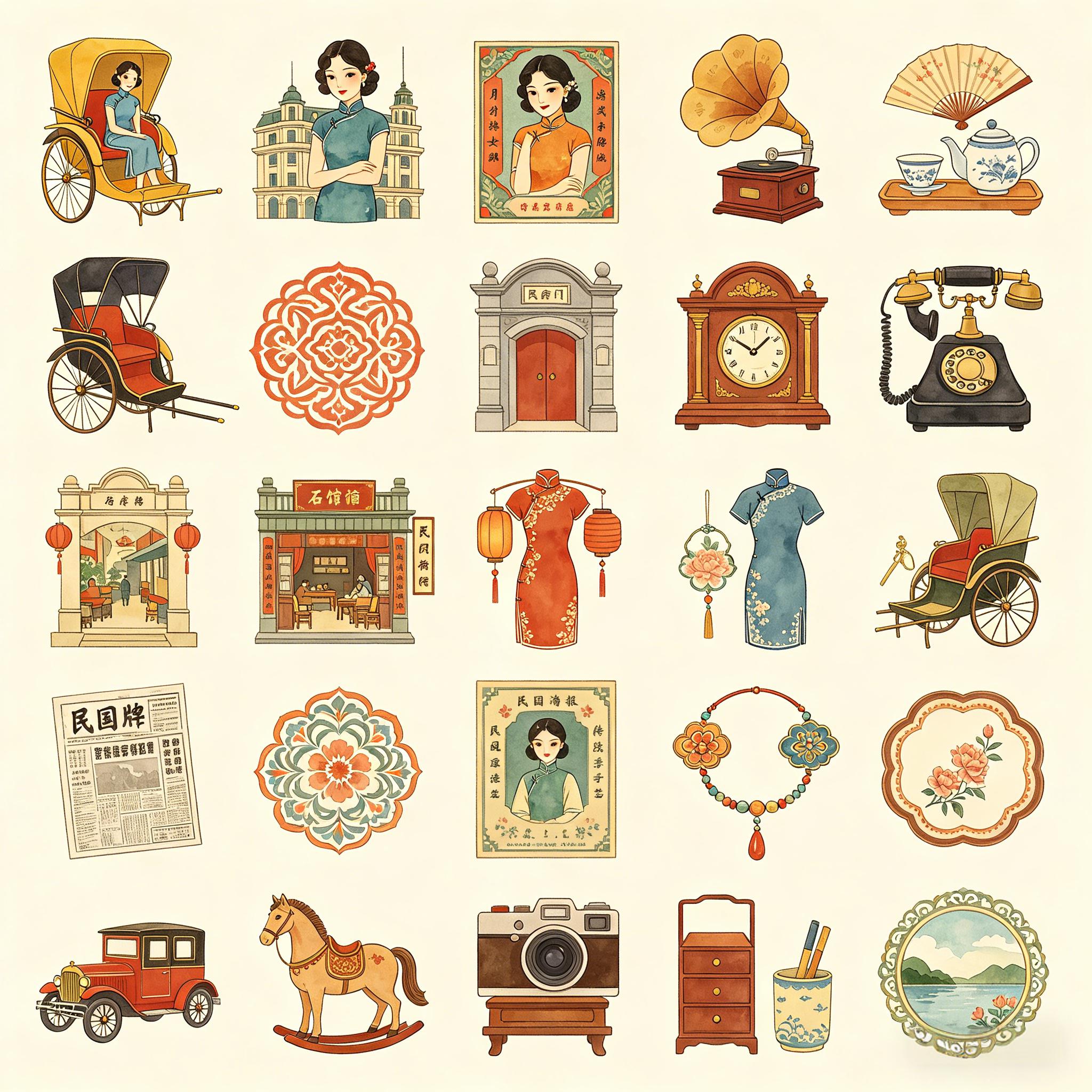 民国复古风老上海风情图标套装