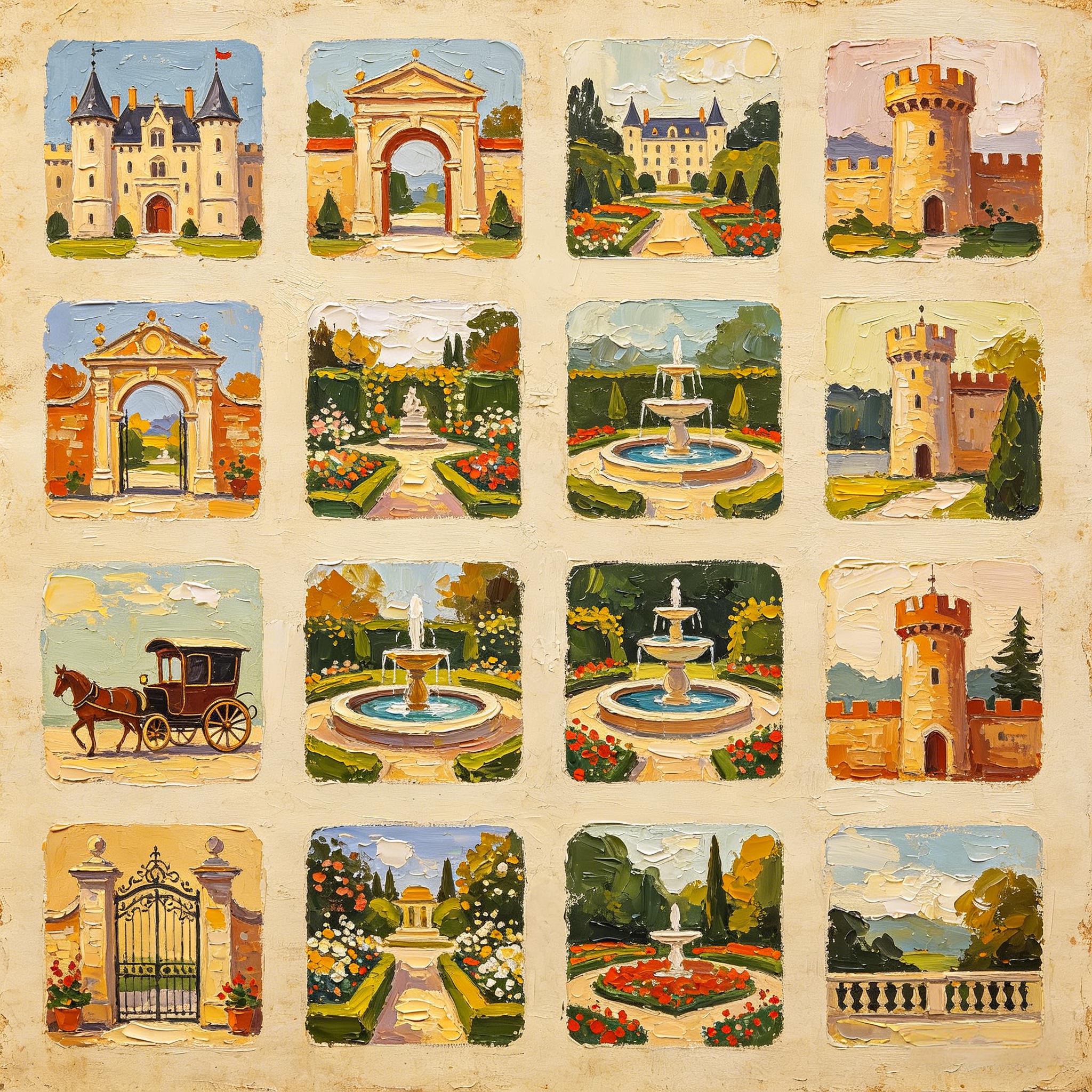 油画质感欧式古堡花园图标套装