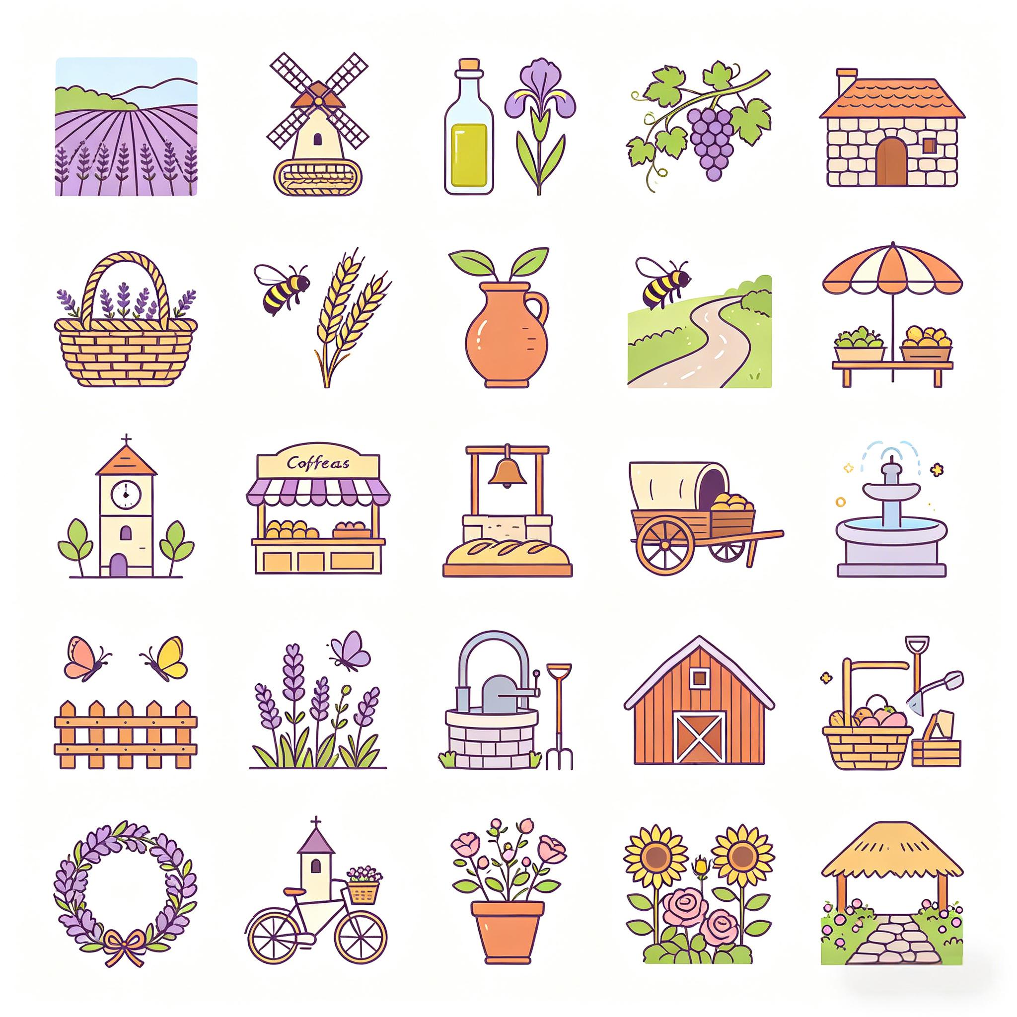 治愈系田园小镇线稿图标套装