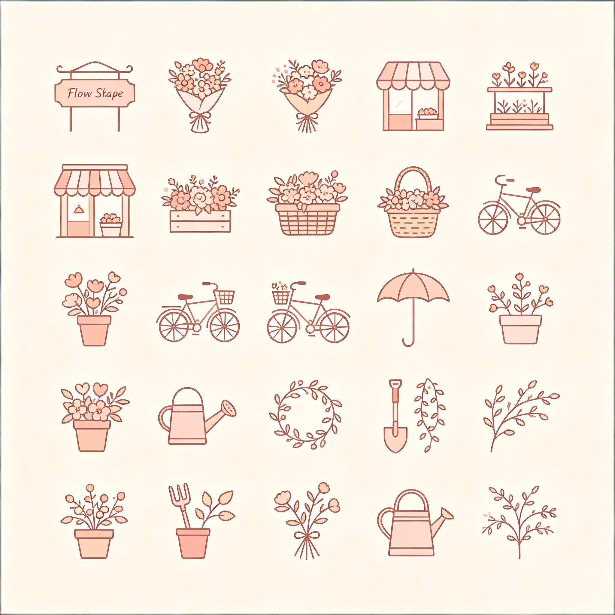 浅粉调春日花店线稿图标集