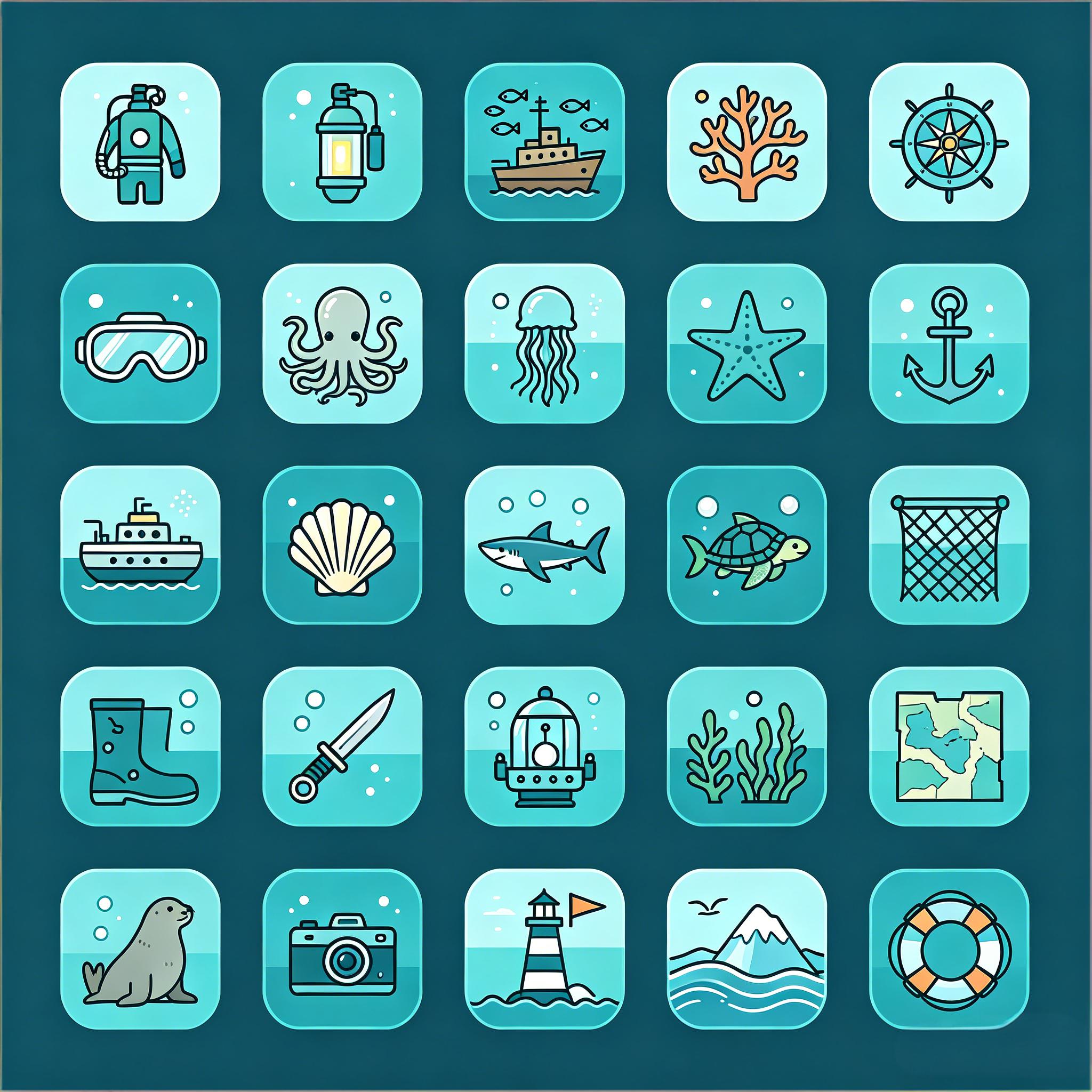 海洋主题扁平线描图标套装