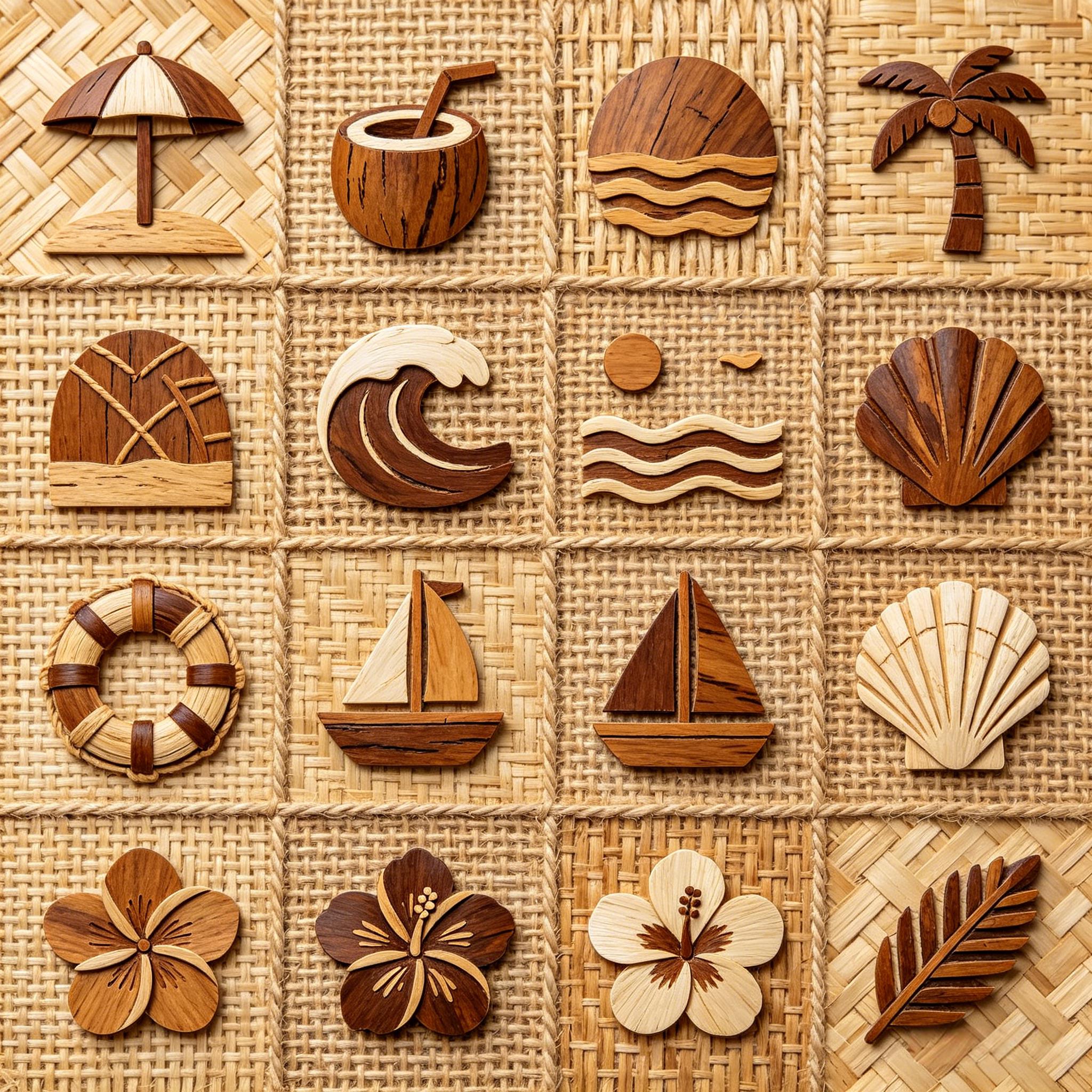 热带海滨度假风木质镶嵌图标套装