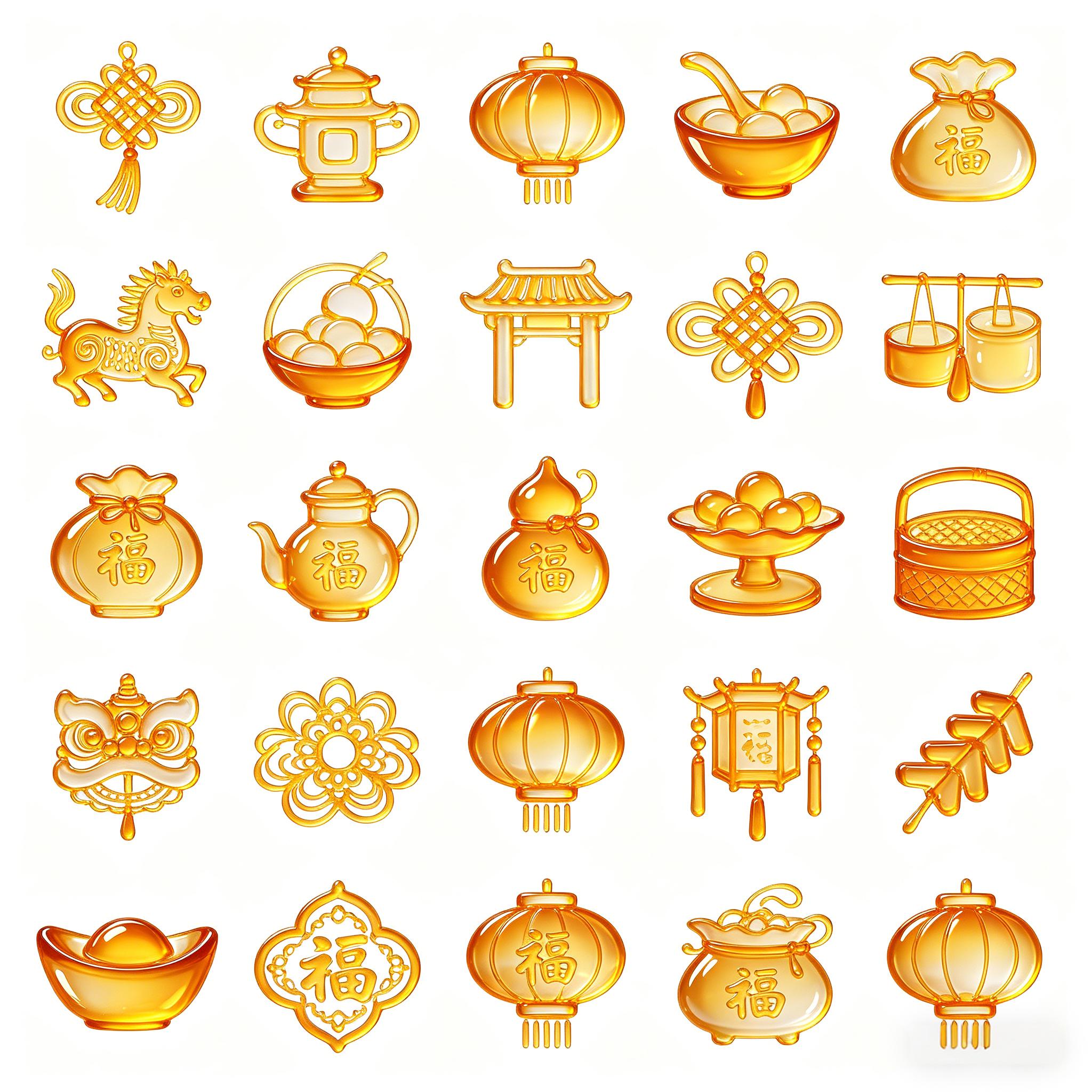 琉璃质感金色新年吉祥元素图标套装