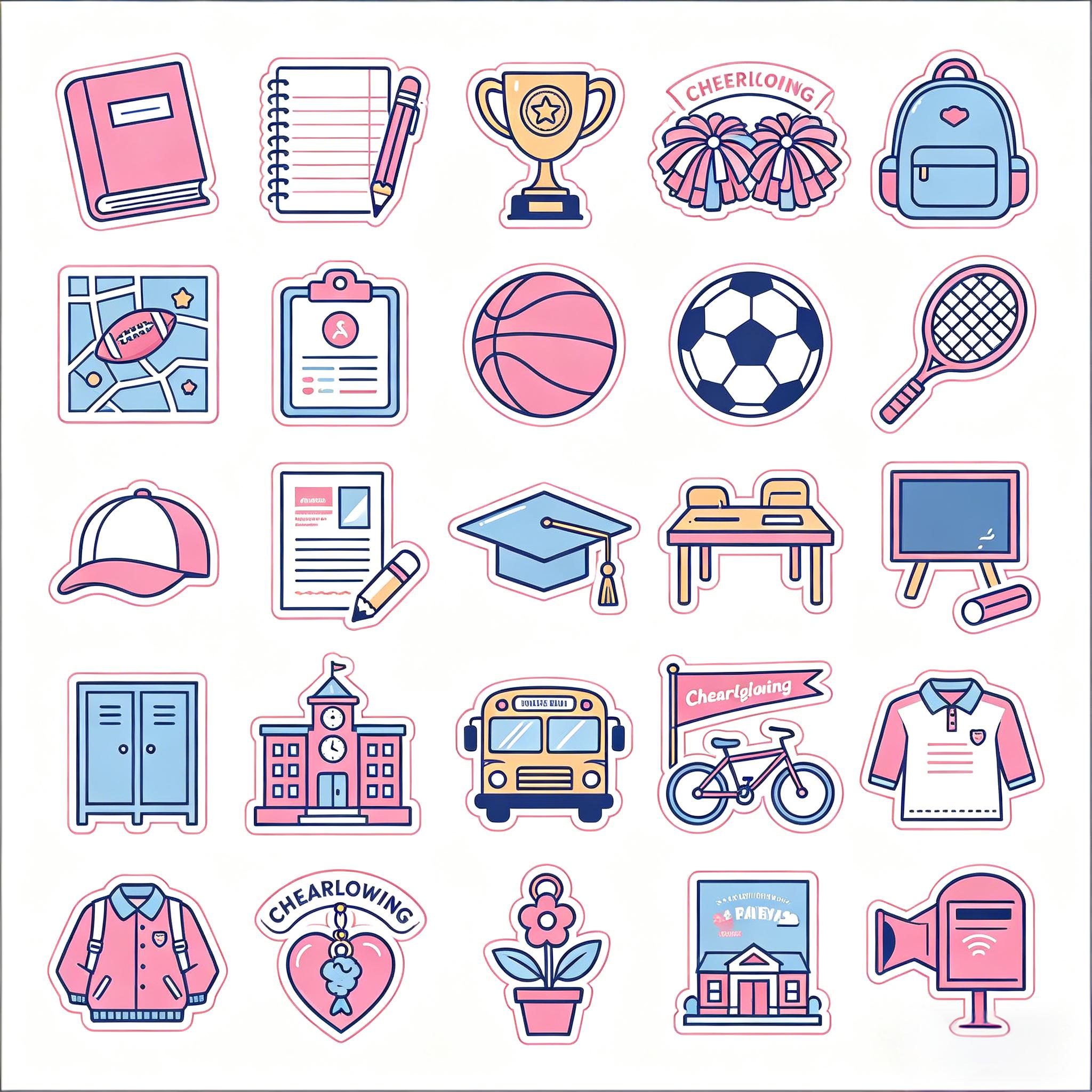 粉蓝校园风学习与运动贴纸图标套装