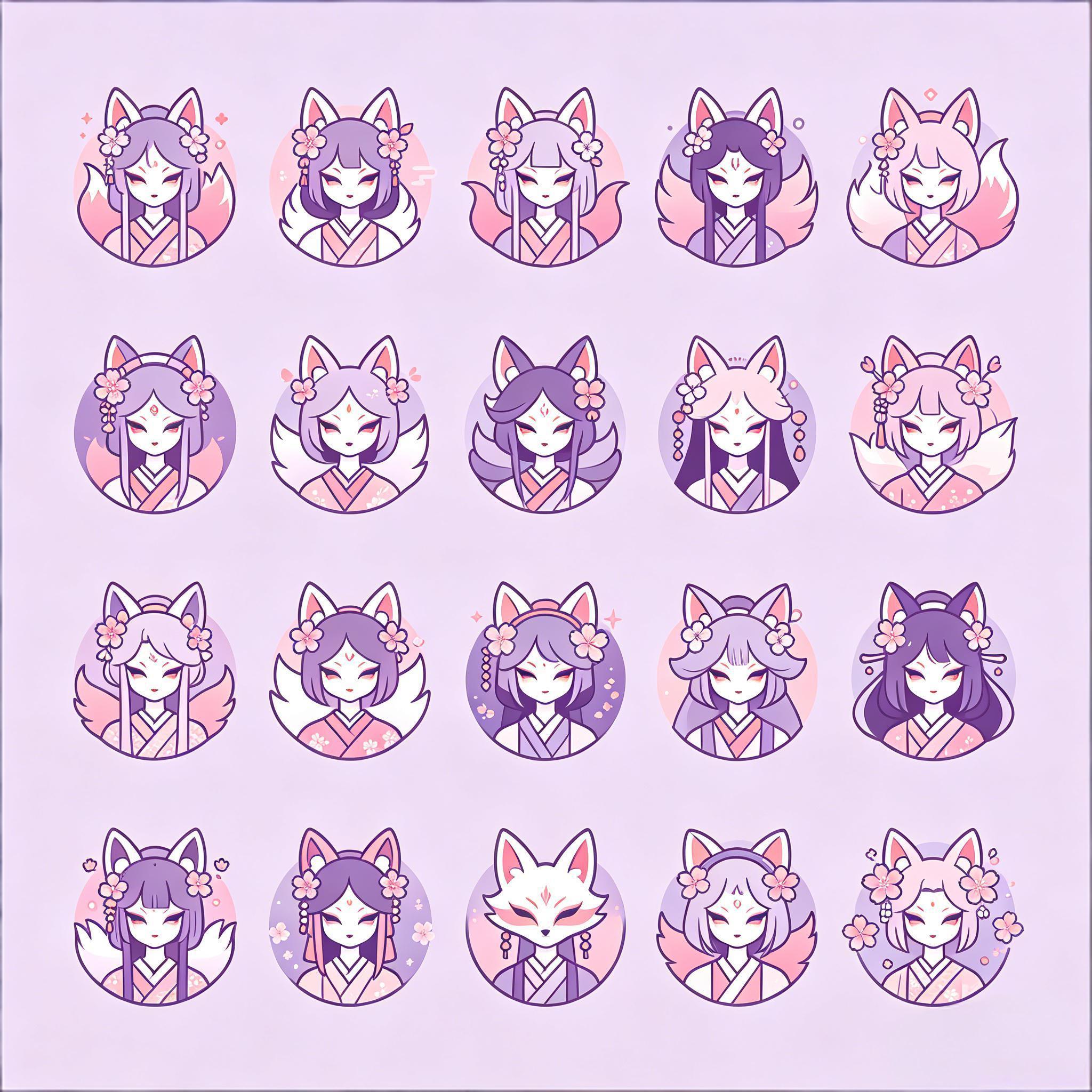 紫粉和风狐妖少女图标集