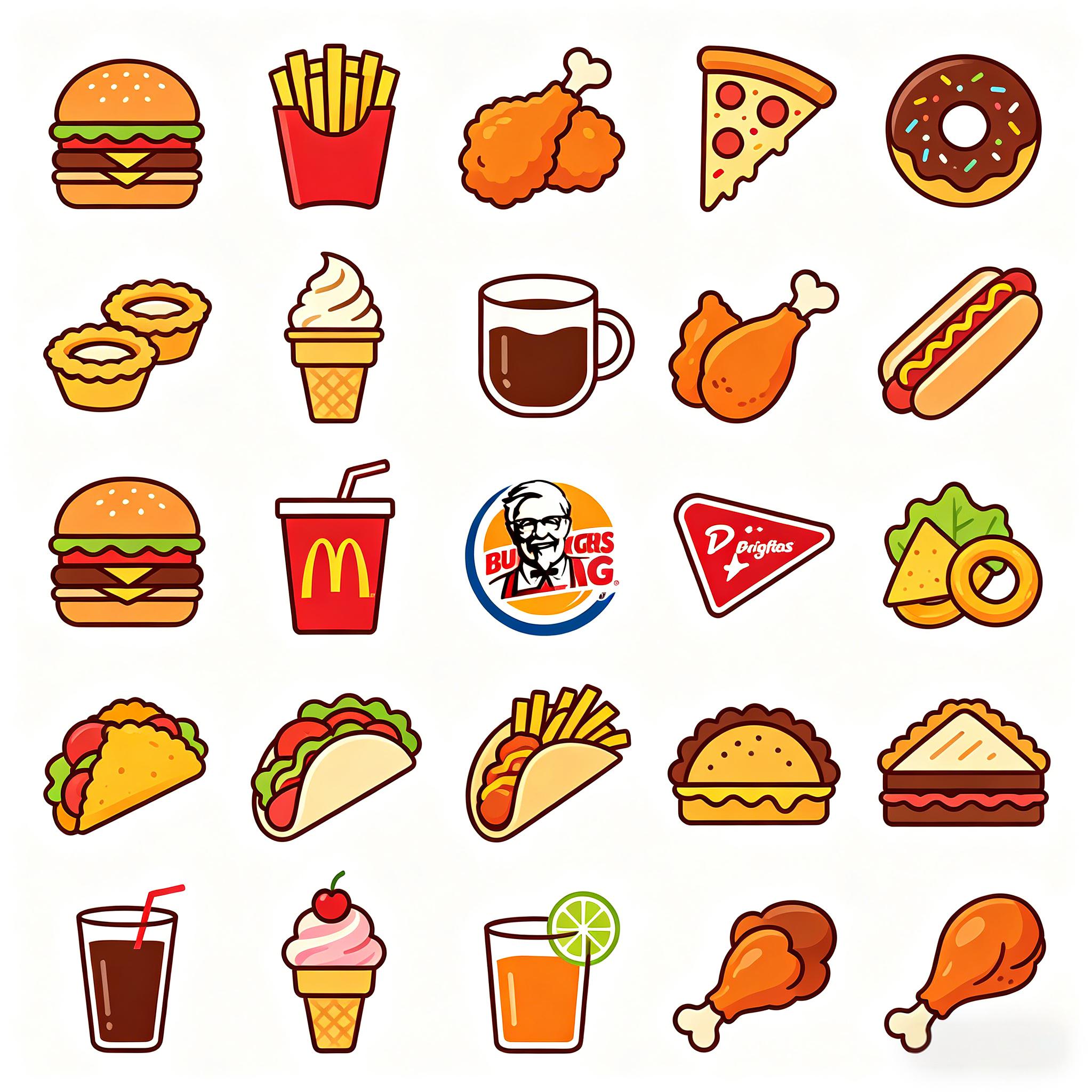 美式快餐与轻食卡通图标套装
