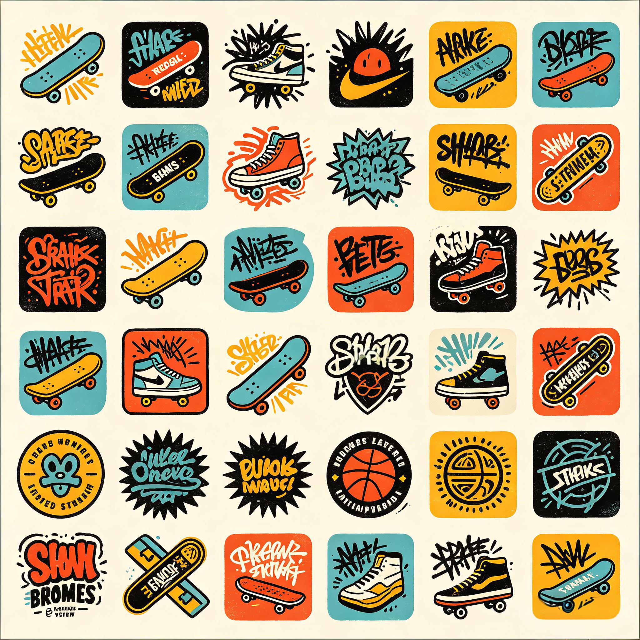 美式街头涂鸦风滑板运动图标套装