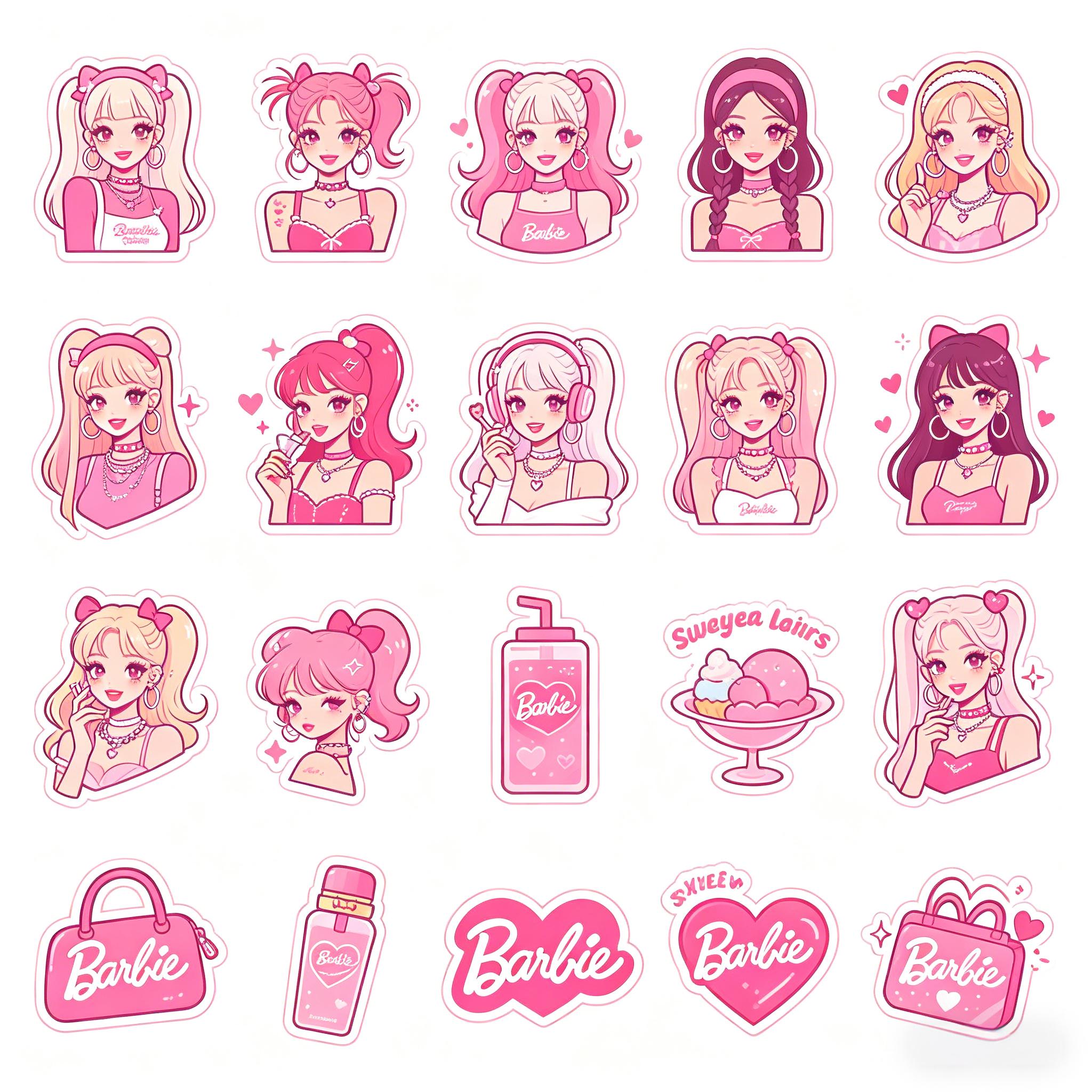 芭比风甜酷少女贴纸图标集