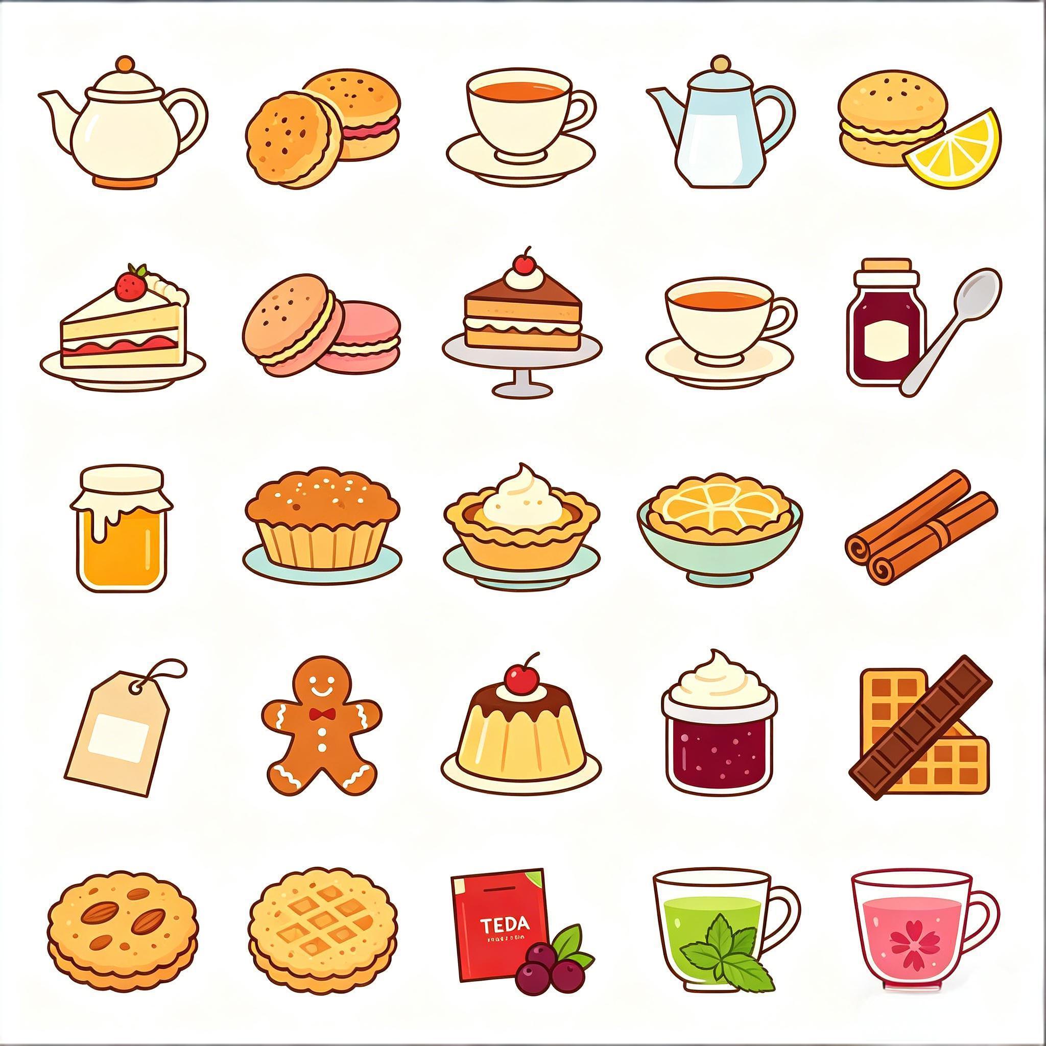 英式下午茶甜点与茶饮图标套装