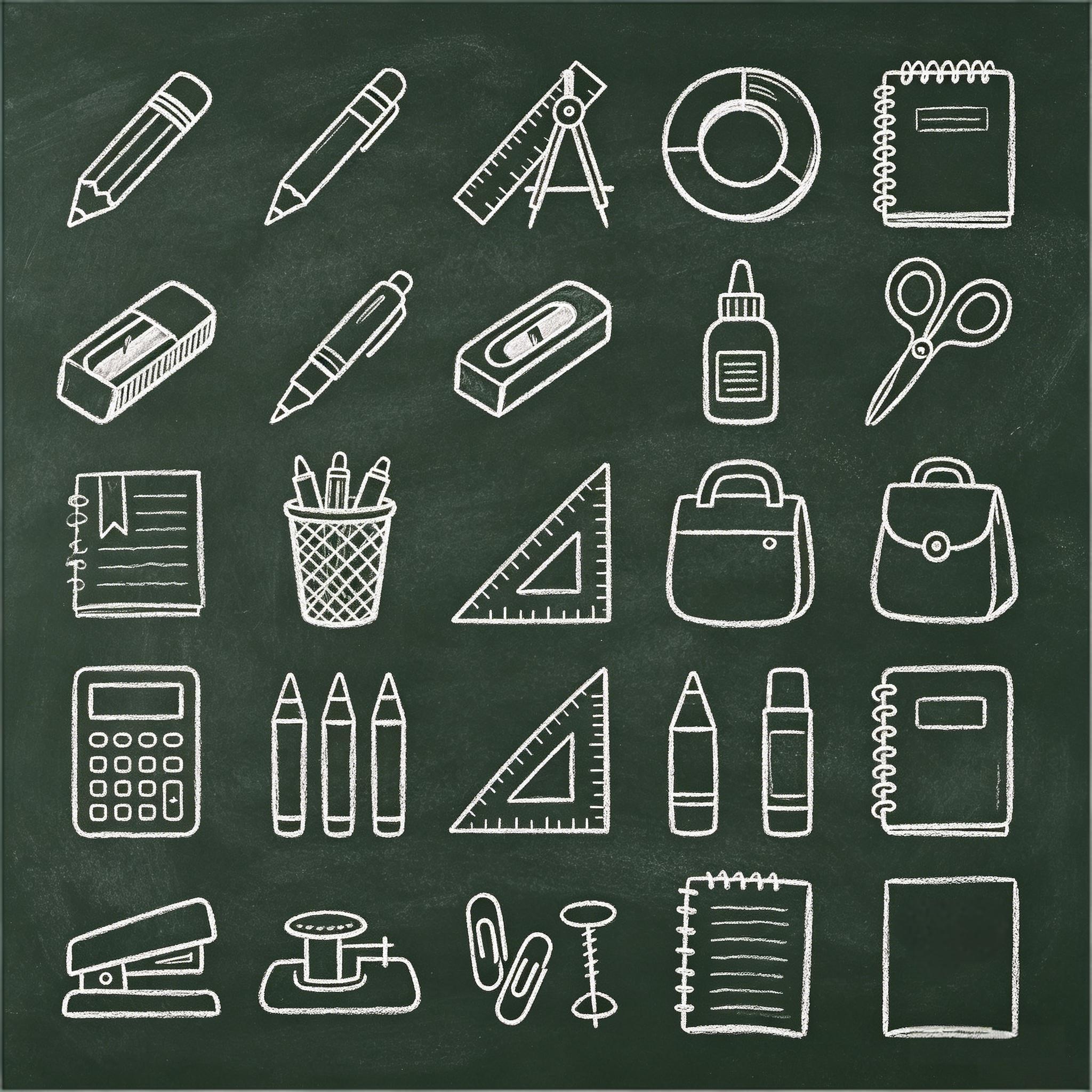 黑板粉笔手绘风学习文具图标套装